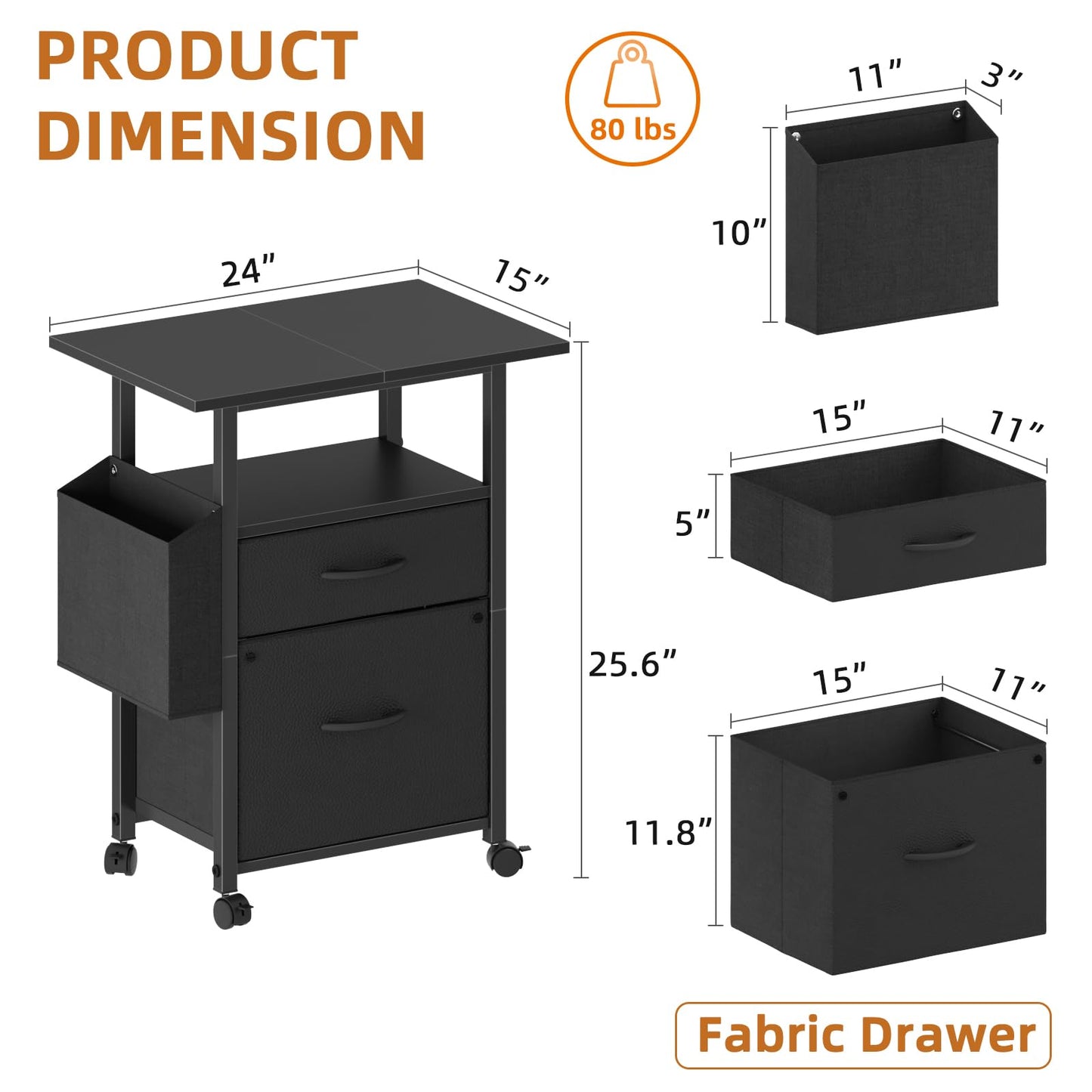 GYIIYUO 2 Drawer File Cabinet with 24'' Extended Desktop, Mobile Filing Cabinet, Rolling File Cabinet with Side Bag, Fabric Drawer, Fits A4/Letter Size, Printer Stand Home Office, Black