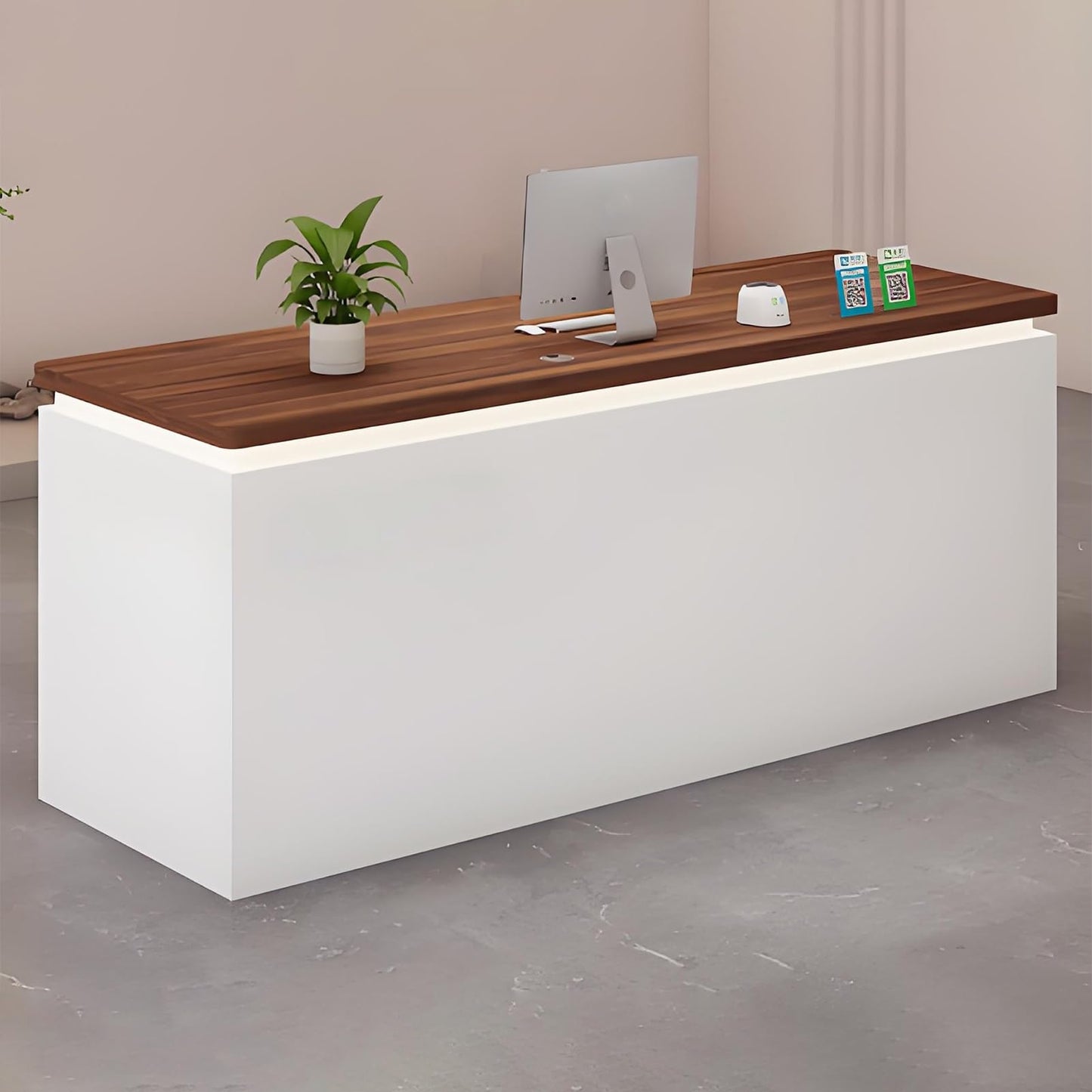 Reception Desk, Front Desk with Hidden LED Lighting, Spacious Reception Counter, Counter Desk Elegant Design for Office, Reception or Waiting Areas(White+Teak,100cm/