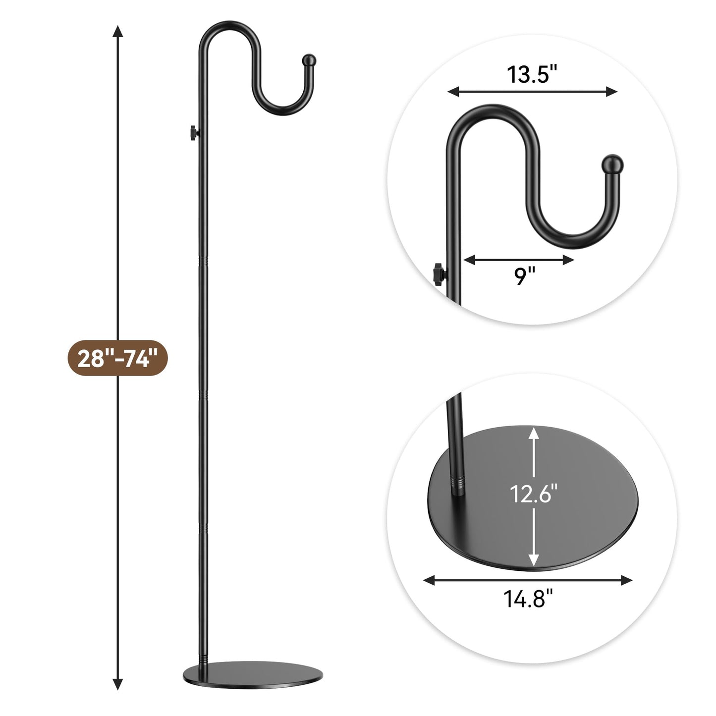 74" Shepherds Hook Stand, Adjustable Wind Chime Stand with Heavy Duty Base, Free Standing Plant Hanger Pole for Bird Feeders, Lanterns, Wreaths & Plants, Indoor Outdoor, Holds Up to 20 LBS, Black