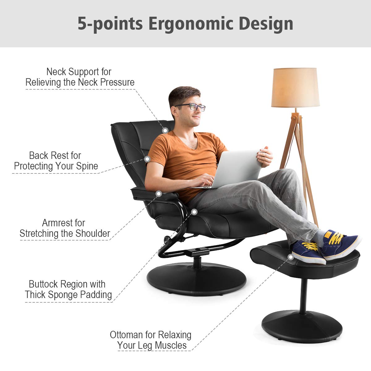 WATERJOY Swivel Recliner Chair, PU Leather Lounge Armchair Recliner, 360 Degree Swivel Overstuffed Padded Seat Chair with Footrest Stool Ottoman Set for Office Living Room Black