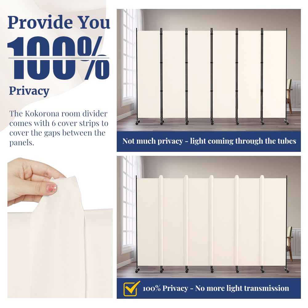 Kokorona 6 Panel Room Divider, 6FT Tall Rolling Privacy Screen with Lockable Wheels, Folding Wall Dividers Portable Room Divider for Room Separation, Included - Cover Strips, Beige, 119''W x 70''H
