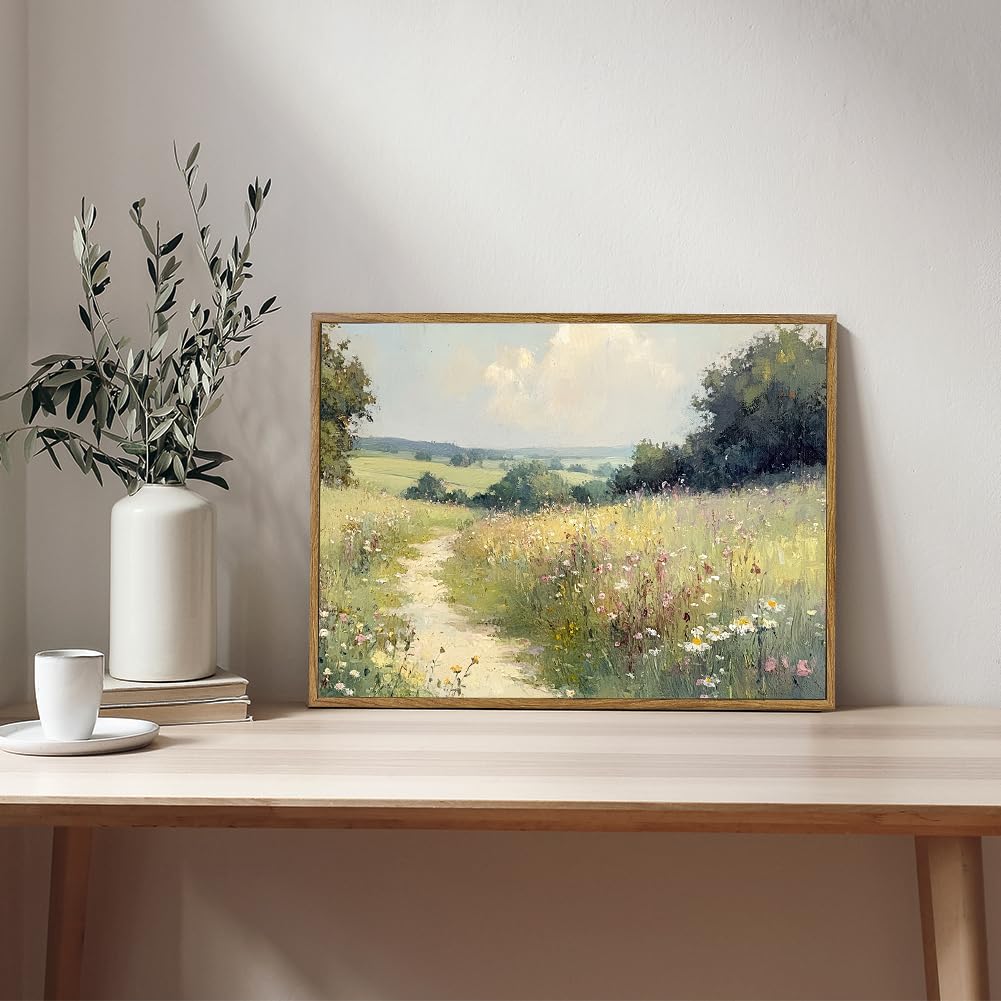 Framed Canvas Wall Art Prints Oil Painting Wildflower Aesthetic Room Decor Serene Country PathLandscape Abstract Poster Pictures Prints for Bathroom, Bedroom LivingRoom 8×10inch