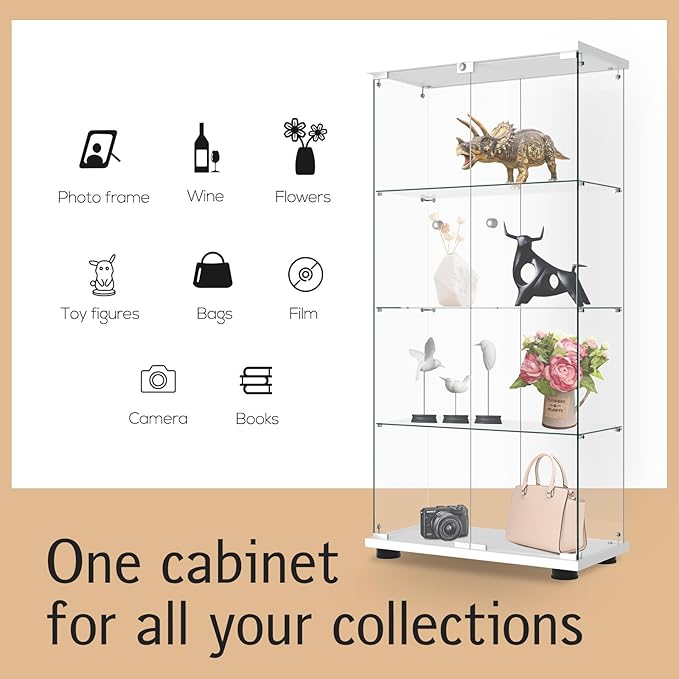 Display Cabinet with Glass Door and Lock, 4-Shelf Fast Installation in 30 Mins