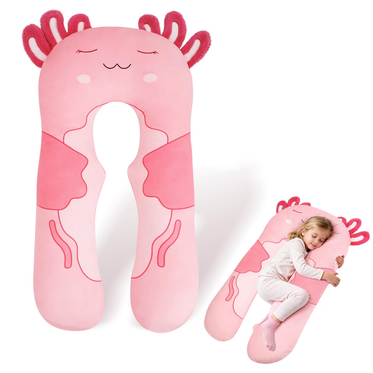 IFOYO Axolotl U-Shape Kids Body Pillow, 43" Minky Kids Full Body Pillow for Sleeping, Reading, ADHD & Sensory Relief, Kid Animal Cuddle Pillows Washable Cover Snuggle Fun Hug Gift for Boys & Girls