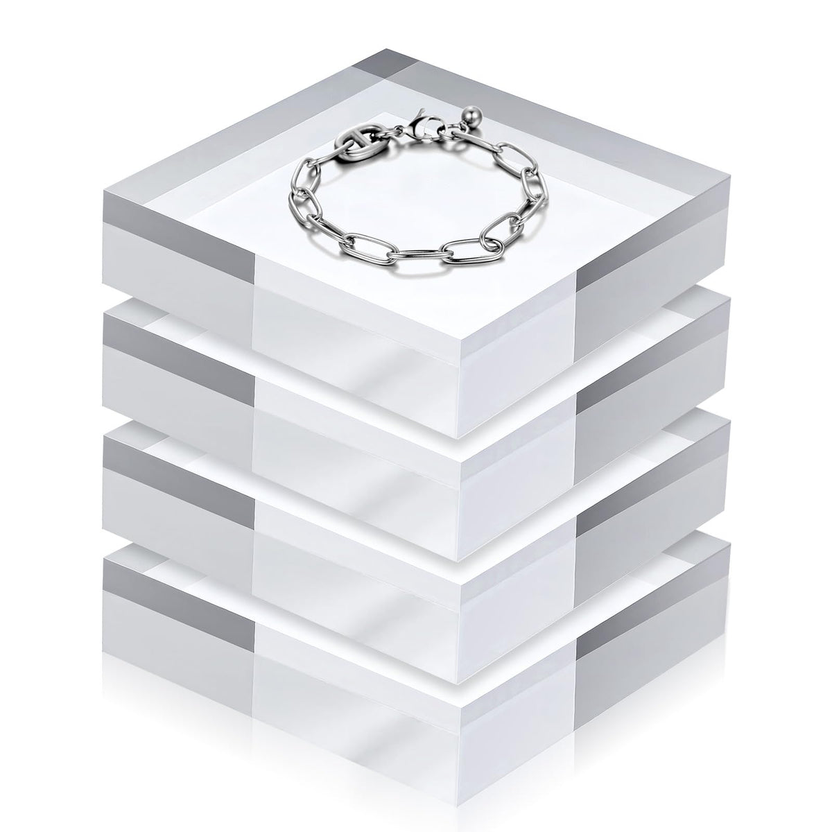 Xaajooio 4 Pcs Acrylic Display Block, 4 x 4 x 1 Inch Clear Polished Square Cube Riser Pedestal Stand for Jewelry Rings Cake Perfume Ornaments Collection