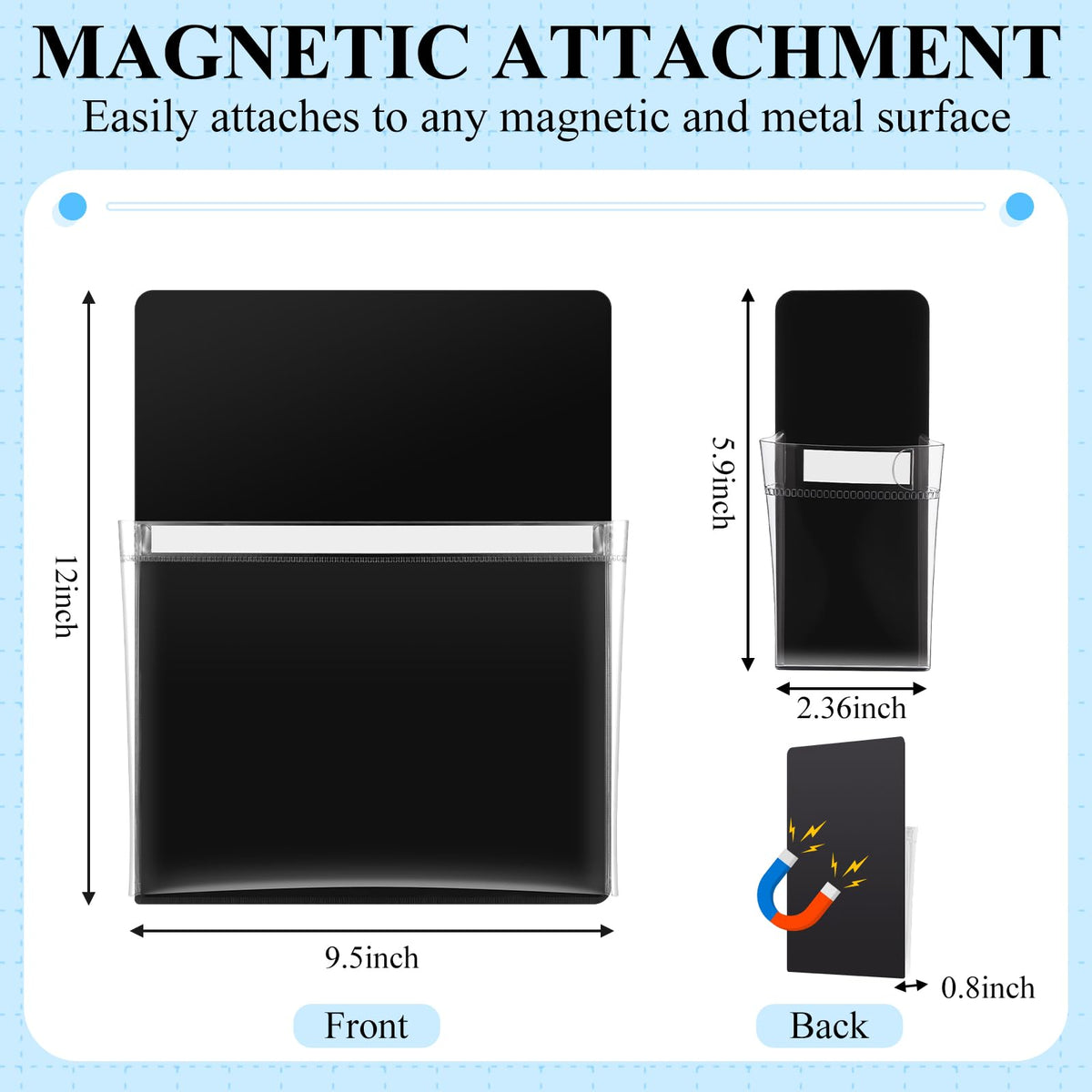 Henoyso 10 Packs Black Magnetic File Holders, Self-adhesive Magnetic File Holder for Recipe, Notes, Tools - Strong Magnet Backing for Fridge, Whiteboards, and Metal Surfaces ( 9.5 x 12 In, 2.4 x 6 In)