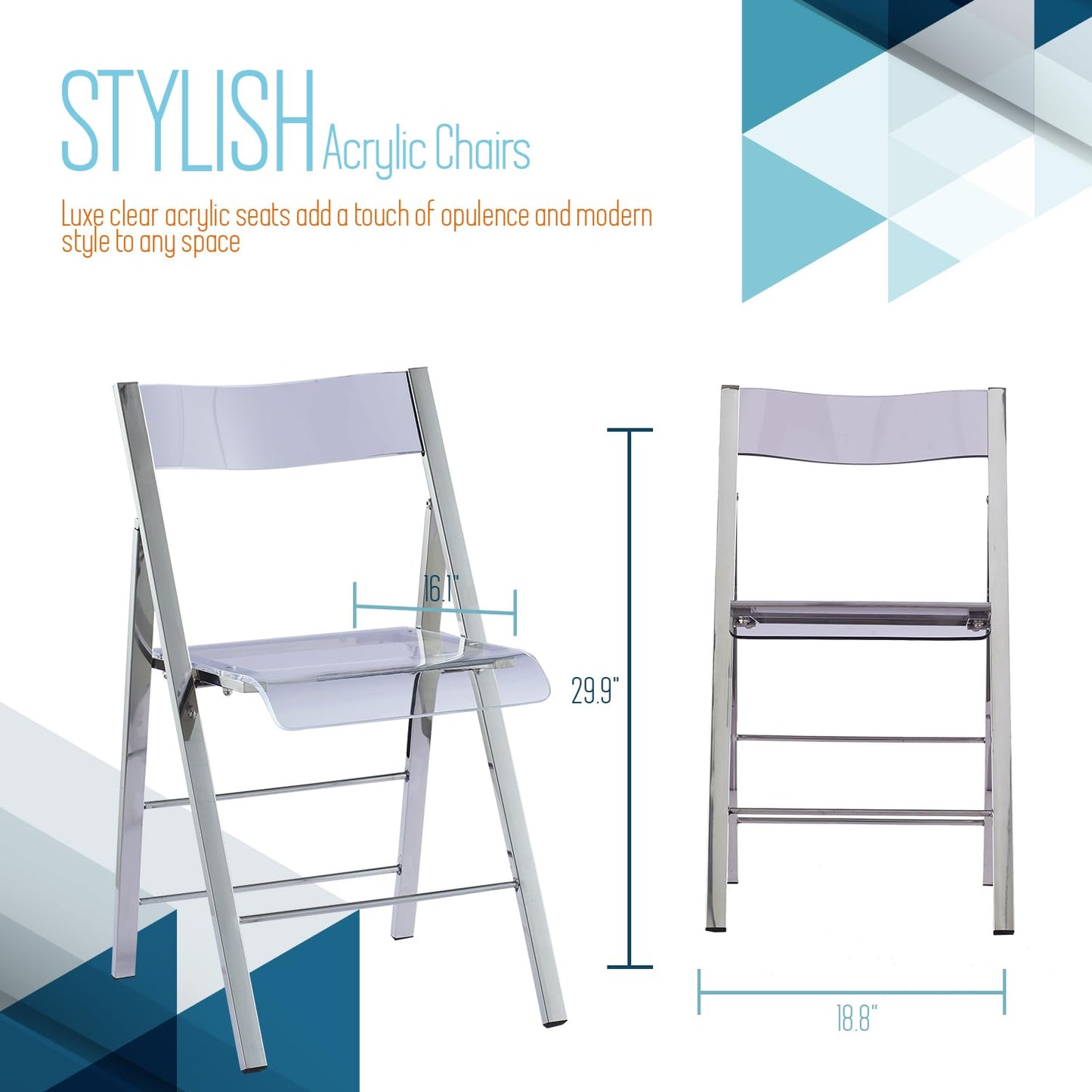 ISL Furnishings Kasper Flex Modern Acrylic Folding Chairs – Foldable Transparent Clear Lucite Chair with Chromed Steel Frame for Indoor, Outdoor, Dining, Desk, Office, Vanity – Silver, Set of 2