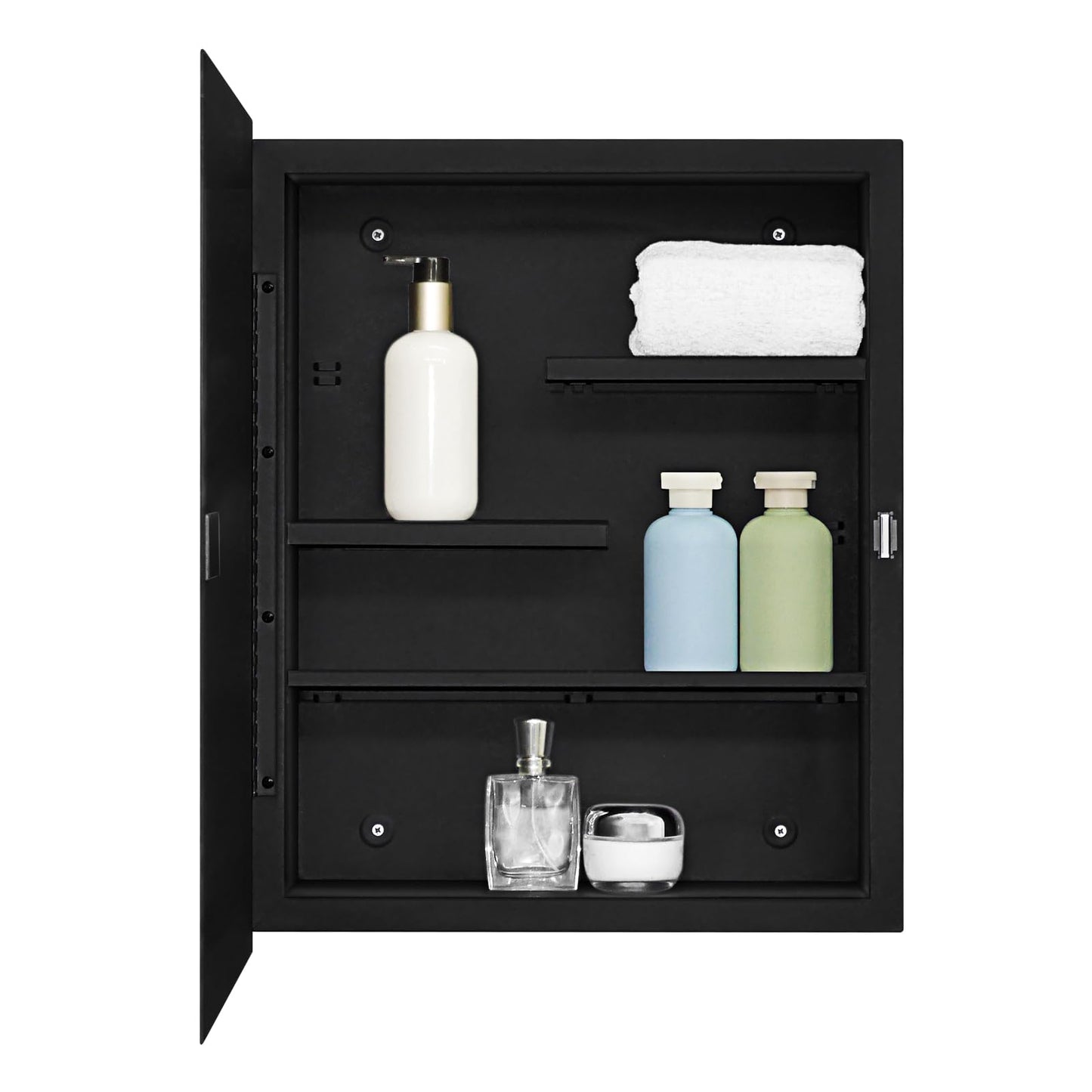 Fundin Black Medicine Cabinet with 16 x 20 Beveled Mirror & Adjustable Staggered Shelves, Recessed or Surface Mount Bathroom Medicine Cabinet