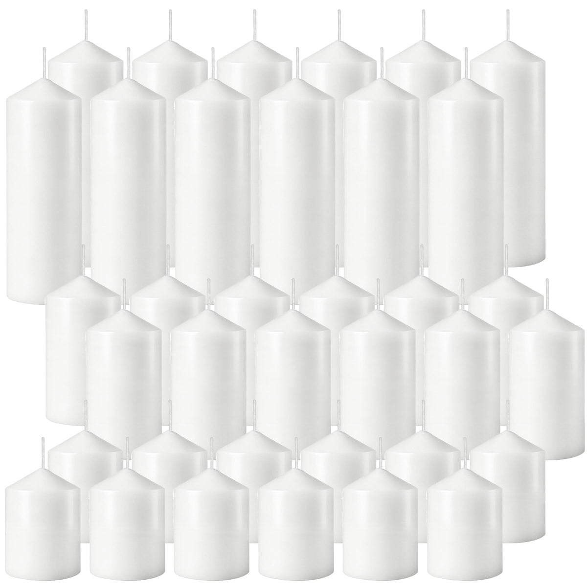 HTTBEIZI 36 Pcs White Pillar Candles Bulk Set | Unscented Dripless Smokeless Wax Candles | 3 Assorted Sizes: 2x3, 2x4, 2x6 for Weddings, Hurricane Vases, and Centerpieces