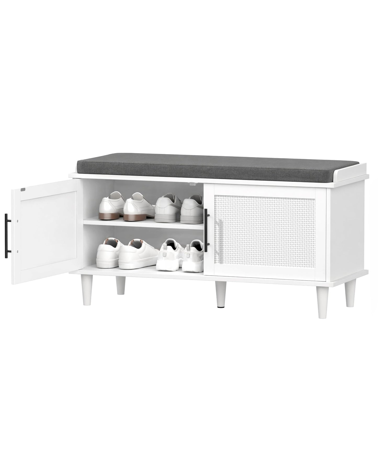 Akxomel Rattan Shoe Storage Bench with Cushion, 2-Tier Entryway Bench with Adjustable Shelves and 2 Doors, 15" D x 39.4" W x 20" H, Solid Wood Legs, for Hallway, Living Room, Bedroom, White
