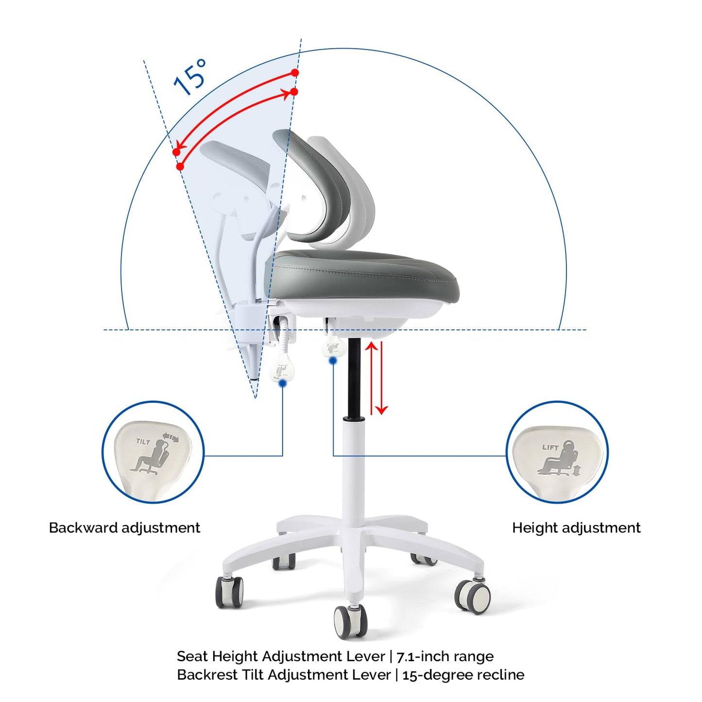 JMU Dental Stool, Adjustable Height Rolling Stool with Backrest, 350lbs Load Capacity Microfiber Leather, for Medical Clinic Lab Tattoo Salon, Grey