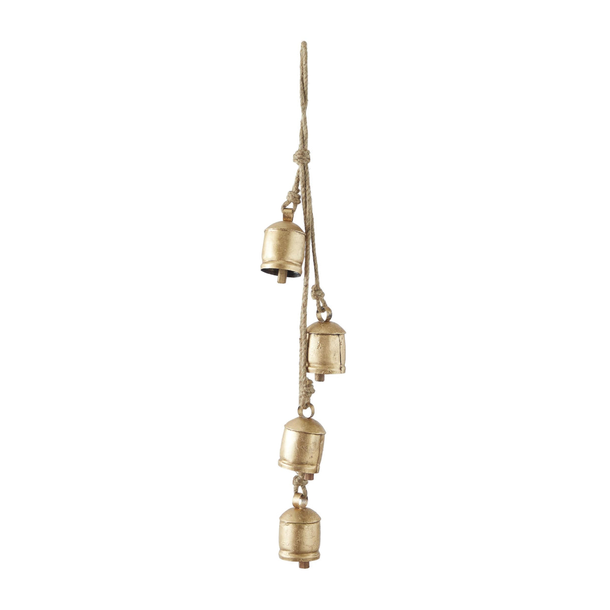 Deco 79 Metal Indoor Outdoor Decorative Cow Bells Tibetan Inspired Cascading Meditation Bell with 4 Bells on Jute Hanging Rope, Cow Bell 3" x 3" x 27", Gold