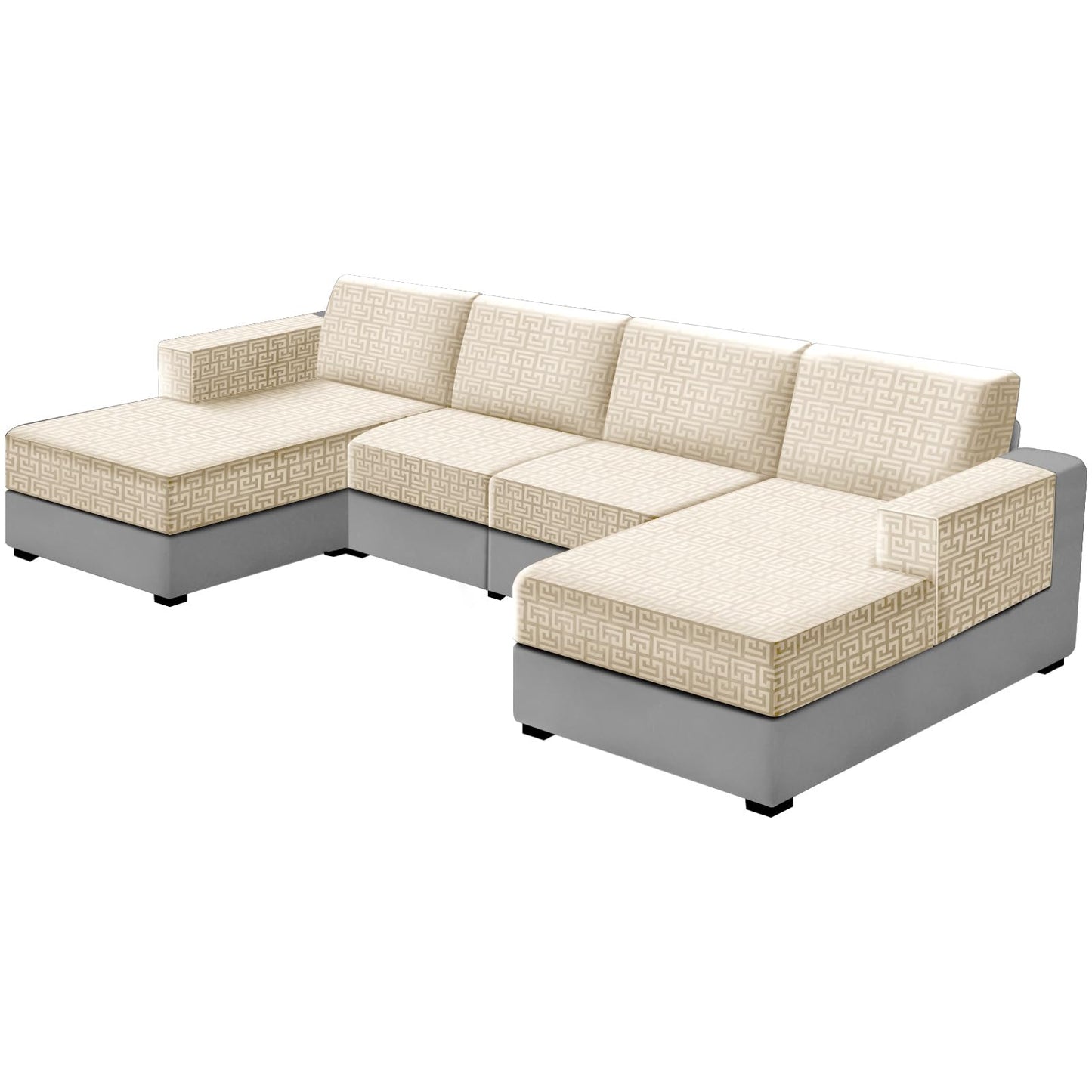 UNBBRRL 10 Pieces Stretch Sofa Cushion Covers for U-Shaped Modular Sectional Couch with 4 Seats+4 Backs+2 Arms, Upholstered Covers for Sofa Bed with Deep Double Chaise (Beige,10 Pieces Set)