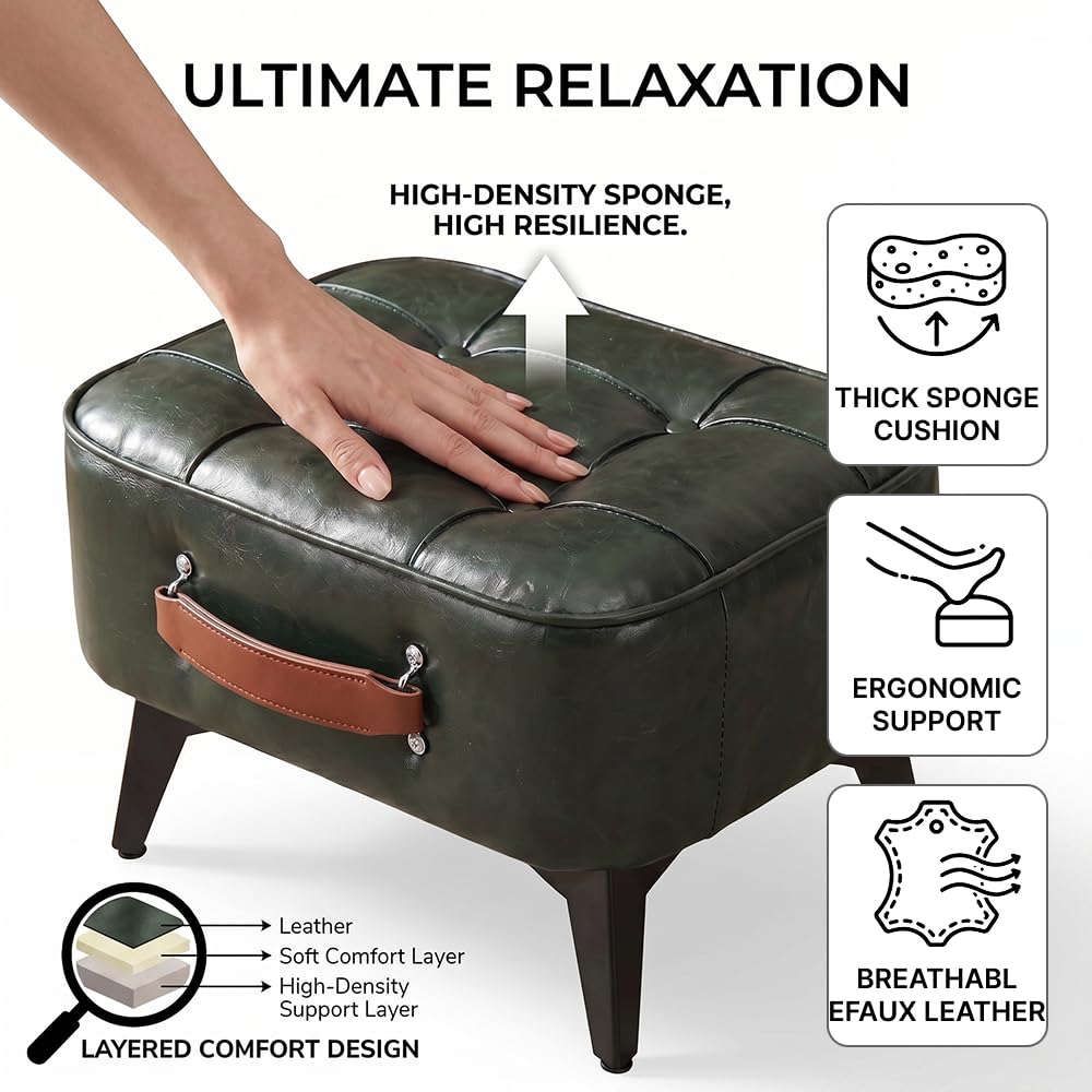 Vintage Style Faux Leather Ottoman Footstool - Wooden Frame, Upholstered Interior, Multi-Use Footrest for Living Room, Entryway, Office (Green Black)