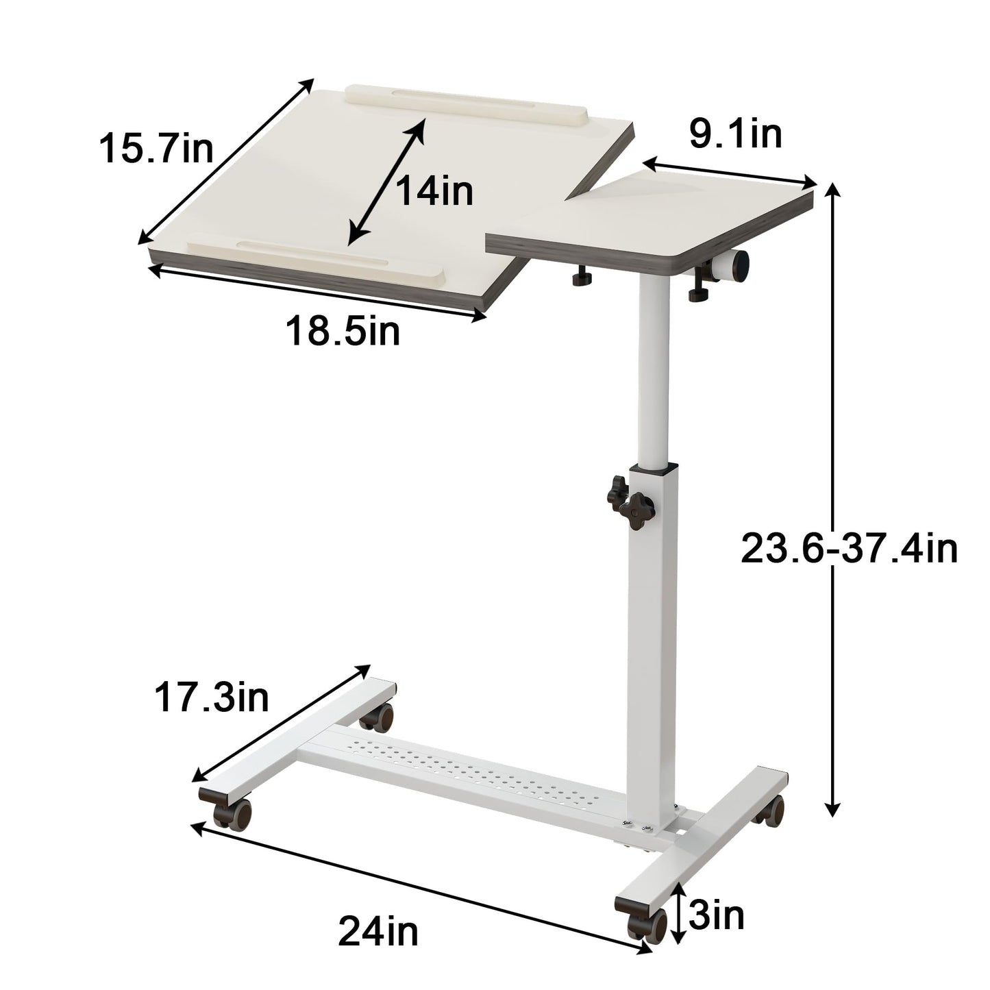 TigerDad Over Bed Table with Wheels Adjustable | Rolling Laptop Table Overbed Desk Hospital Tray Table Sofa Chair Side Table for Home Office (White)