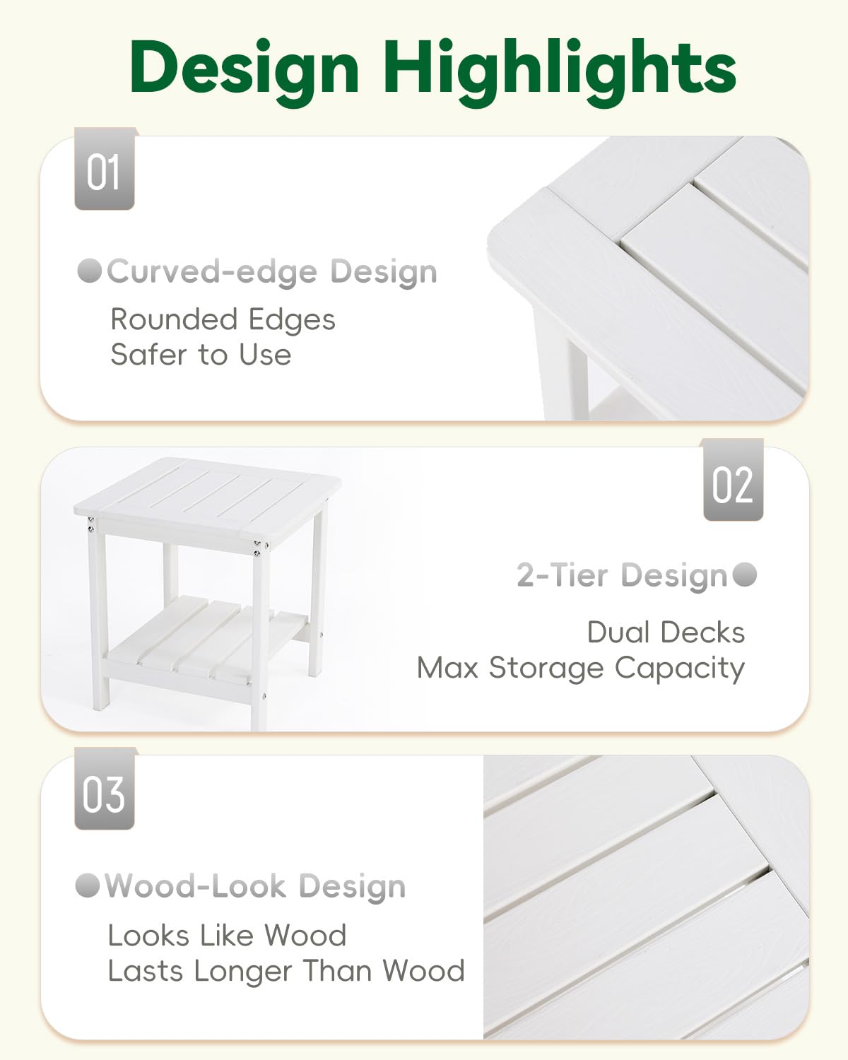 Kibaso-Adirondack Outdoor Side Table, 2-Tier HDPE Outdoor End Table, Weather Resistant Easy Maintenance, Small Patio Side Table for Patio, Pool, Porch, Garden, Lawn, and Living Room (1, White)