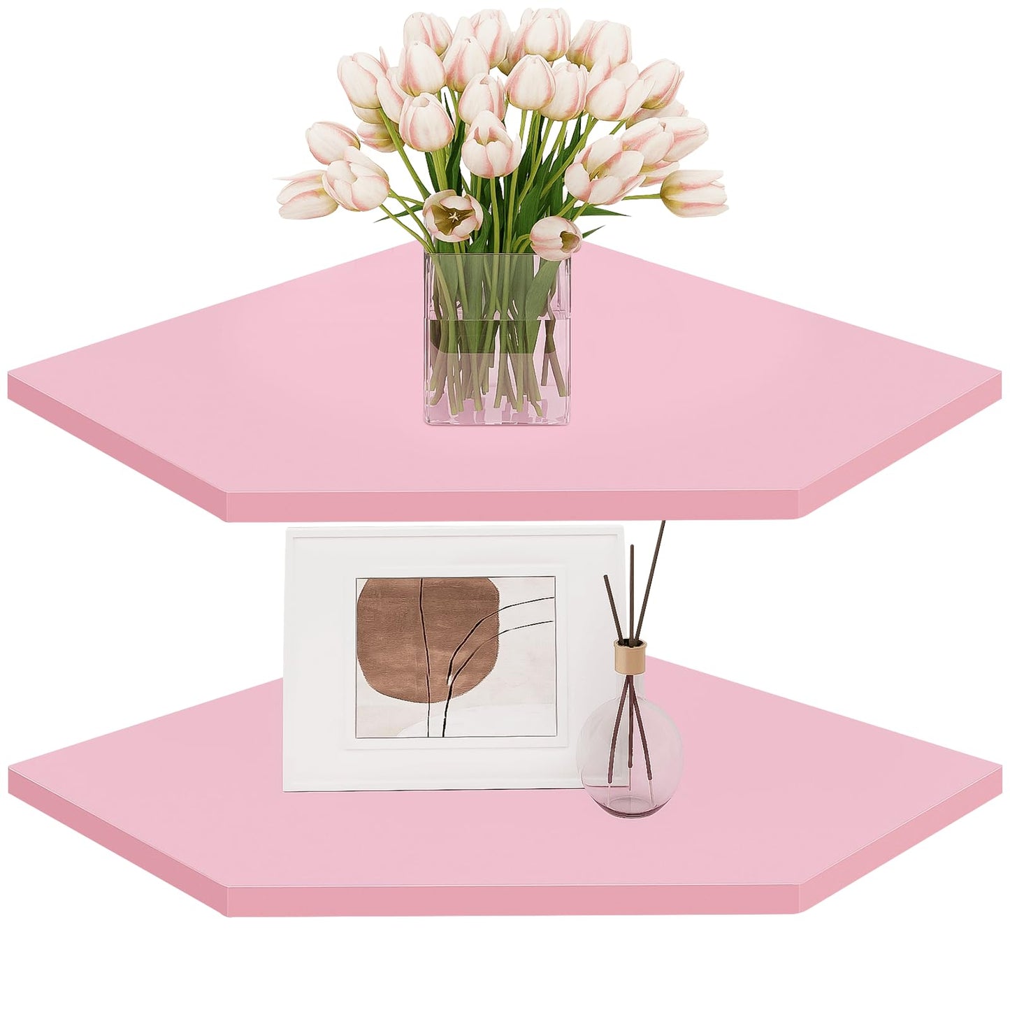 Homode Corner Floating Shelves, Corner Wall Shelf with Cord Hole, 2 Tier Wood Hanging Corner Shelf for Bathroom, Bedroom, Living Room, Pink