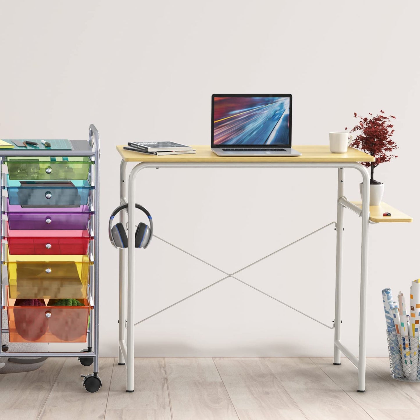 SHW Small Gaming Home Office Computer Desk with Shelf, Oak