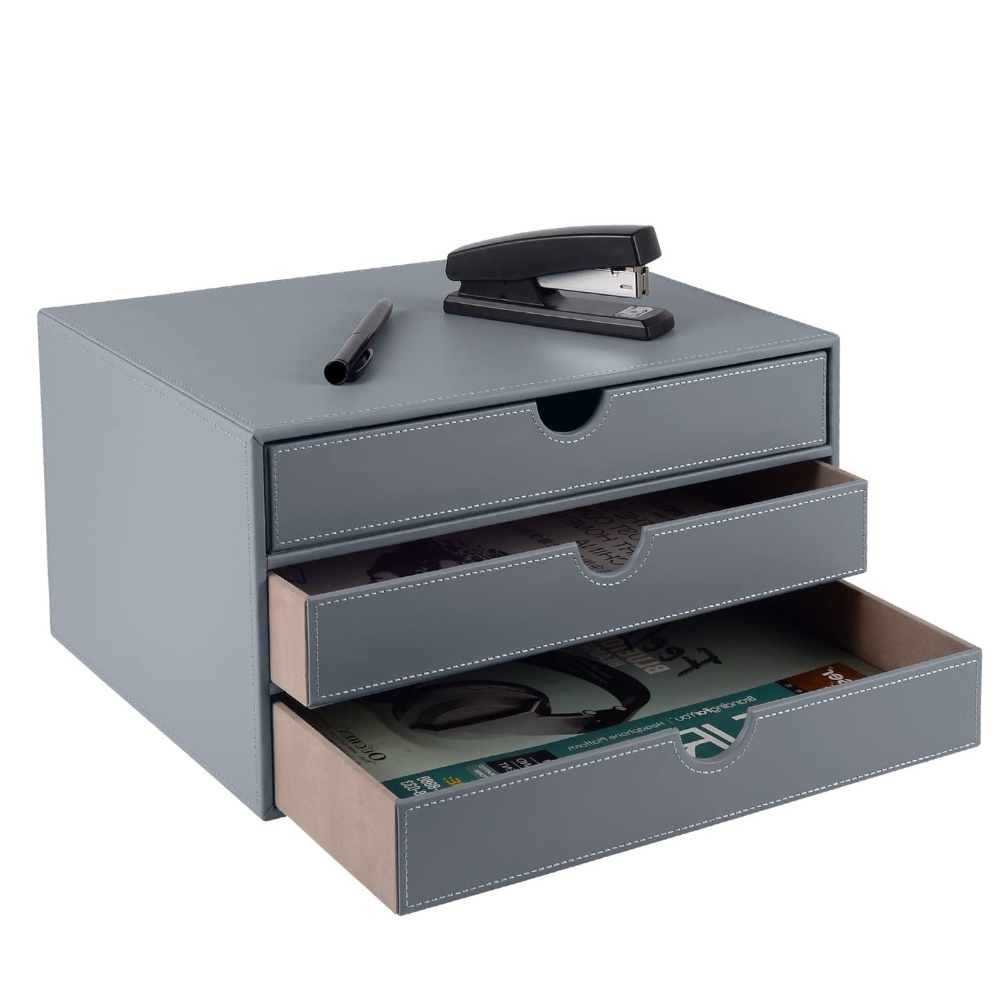 XNONE PU Leather Desk Organizer with 3 Drawers,Executive Office Supplies Desktop Filing A4 File Cabinet/Holder for Jewelry/Bill/Paper/Documents/Makeup Home Decor Stationery Storage Box,Grey