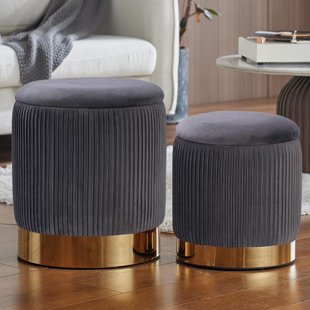2BYF Round Ottoman with Storage Set of 2 Upholstered Velvet Vanity Stool Small Ottoman Coffee Table, Foot Stool, Removable Lid, for Living Room, Bedroom, Hallway, Easy Assembly (Gray)