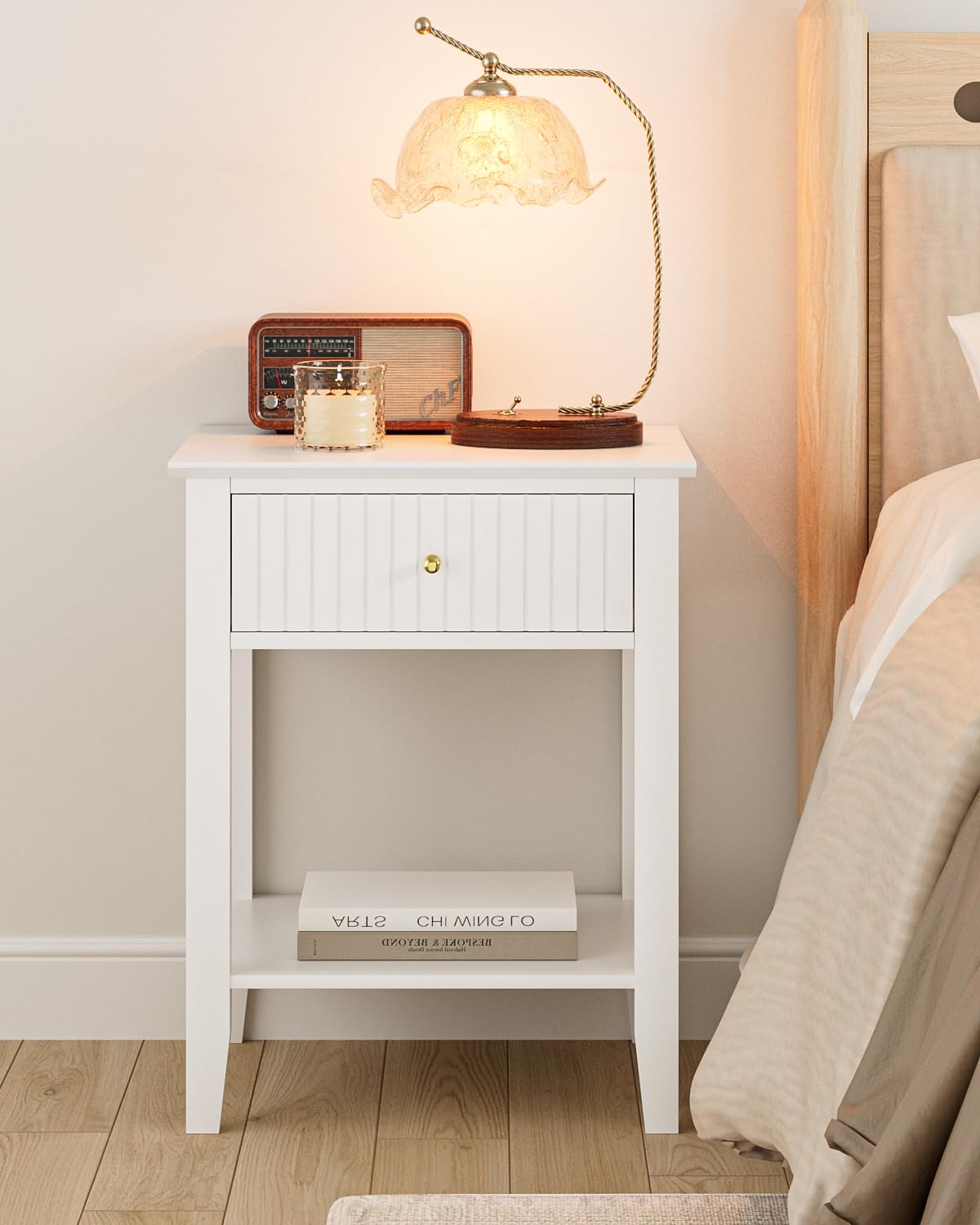 Apetaccat Fluted Nightstand, Farmhouse Night Stand with 1 Drawers, Mid Century Modern Side Accent Table,Bedside End Table for Bedroom, Living Room, White