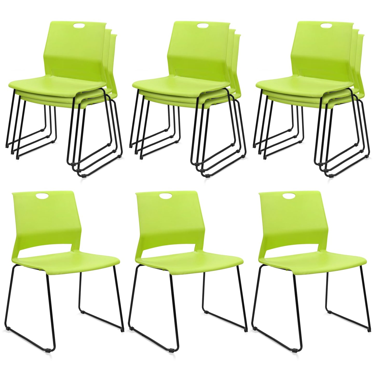 KLASIKA Stackable Guest Reception Chairs, Stacking Office Chair with Ergonomic Lumbar Support & Metal Legs, Plastic Desk Chairs for Conference School Church Waiting Meeting Break Room Set of 12, Green