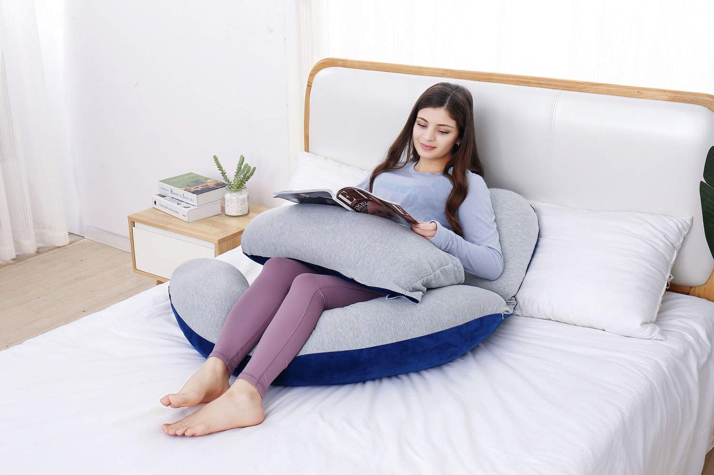 AS AWESLING 60in Full Body Pillow | Nursing, Maternity and Pregnancy Pillow | Extra Large U Shape Pillow with Detachable Side, Separate Support Pillow and Removable Cover (Velvet Blue&Jersey Grey)