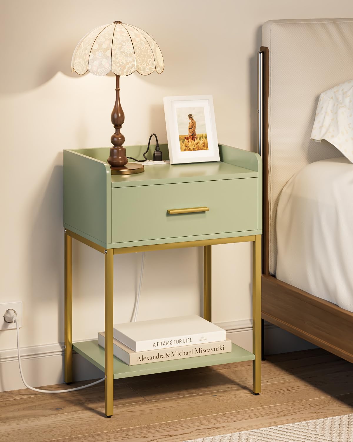 Apetaccat Nightstand with Charging Station,3-Tier Modern Bedside Table Night Stand with Storage Drawer and Open Shelf,Small End Side Table for Bedroom,Living Room,Green