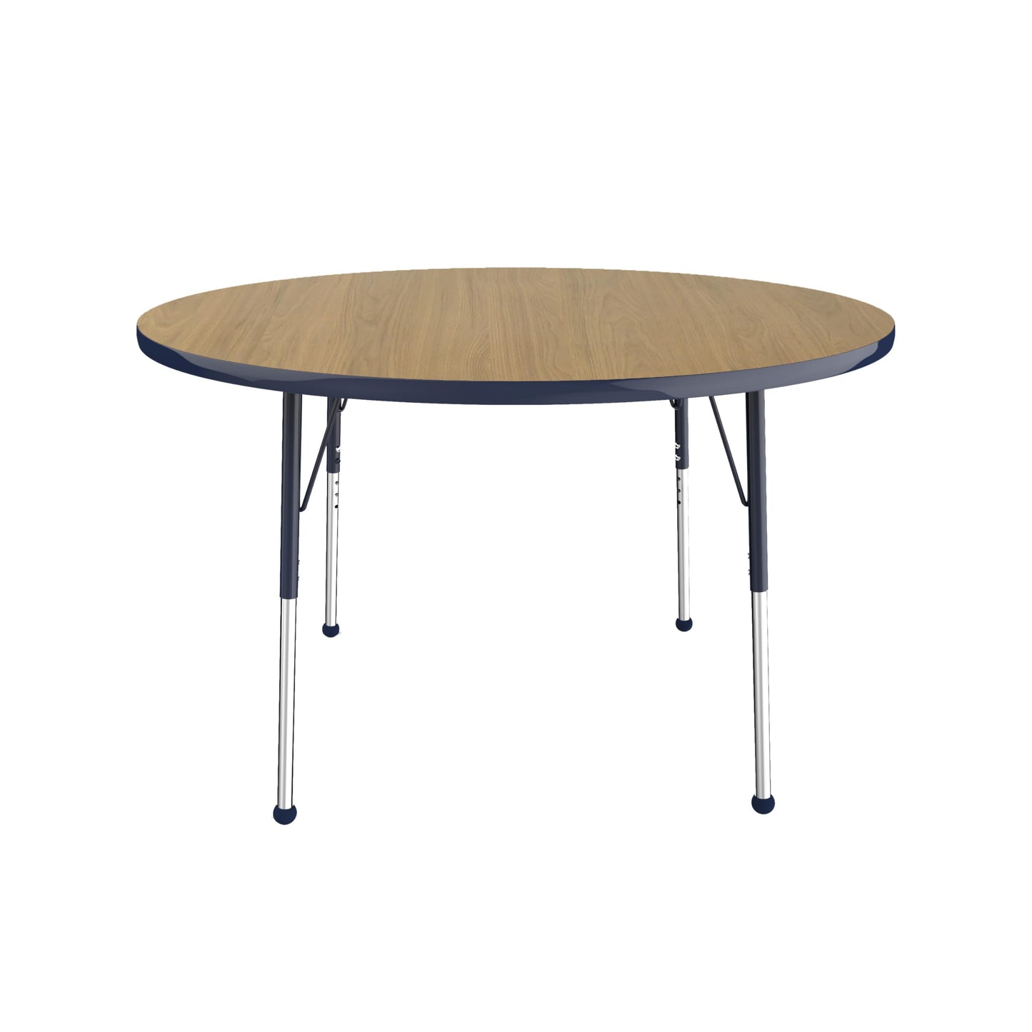 Factory Direct Partners FDP 48" Round Thermofused Classroom Activity Table with Standard Ball Glide Legs, Adjustable Height 19"-30" - Pasadena Oak/Navy - 10138-OPNV