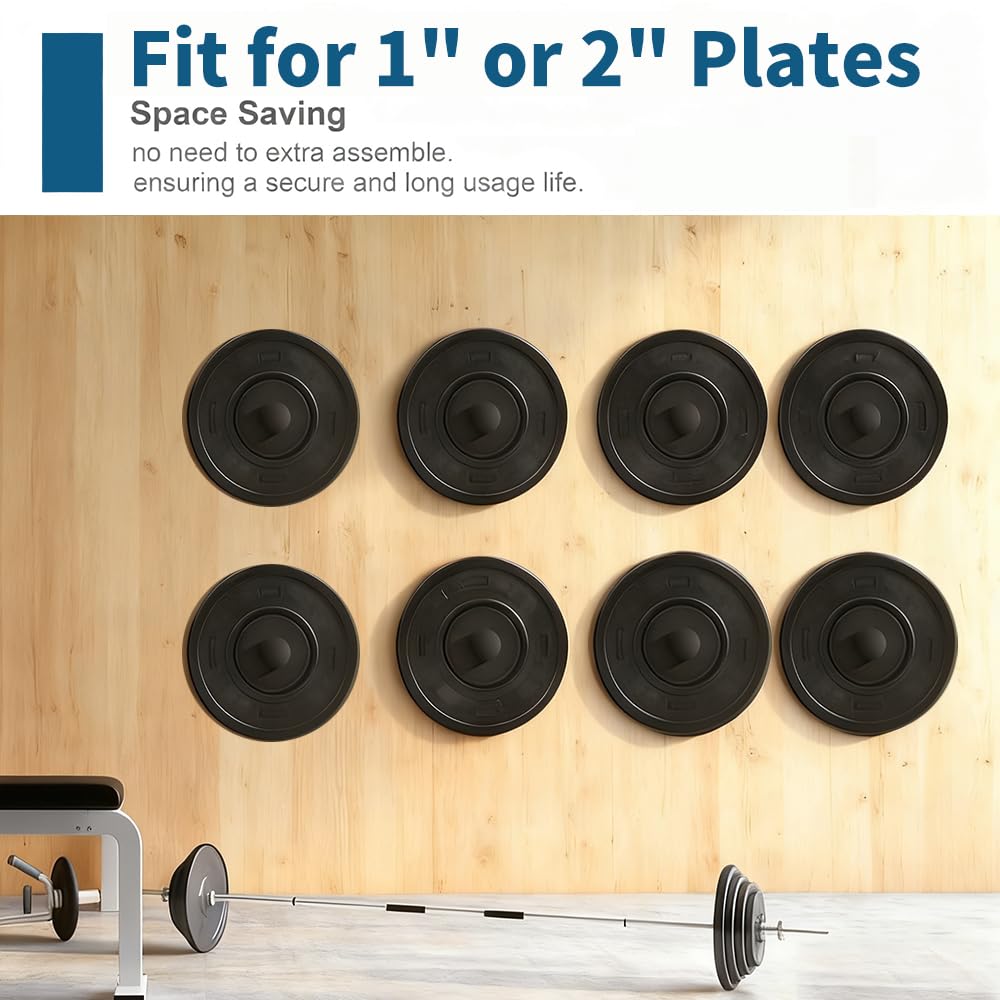 2 Pack Wall Mounted Weight Plate Holder-Fit 1 and 2 Inch Standard Weight Plates with Protective Rubber Pad and Hardware, 300 LB Weight Capacity
