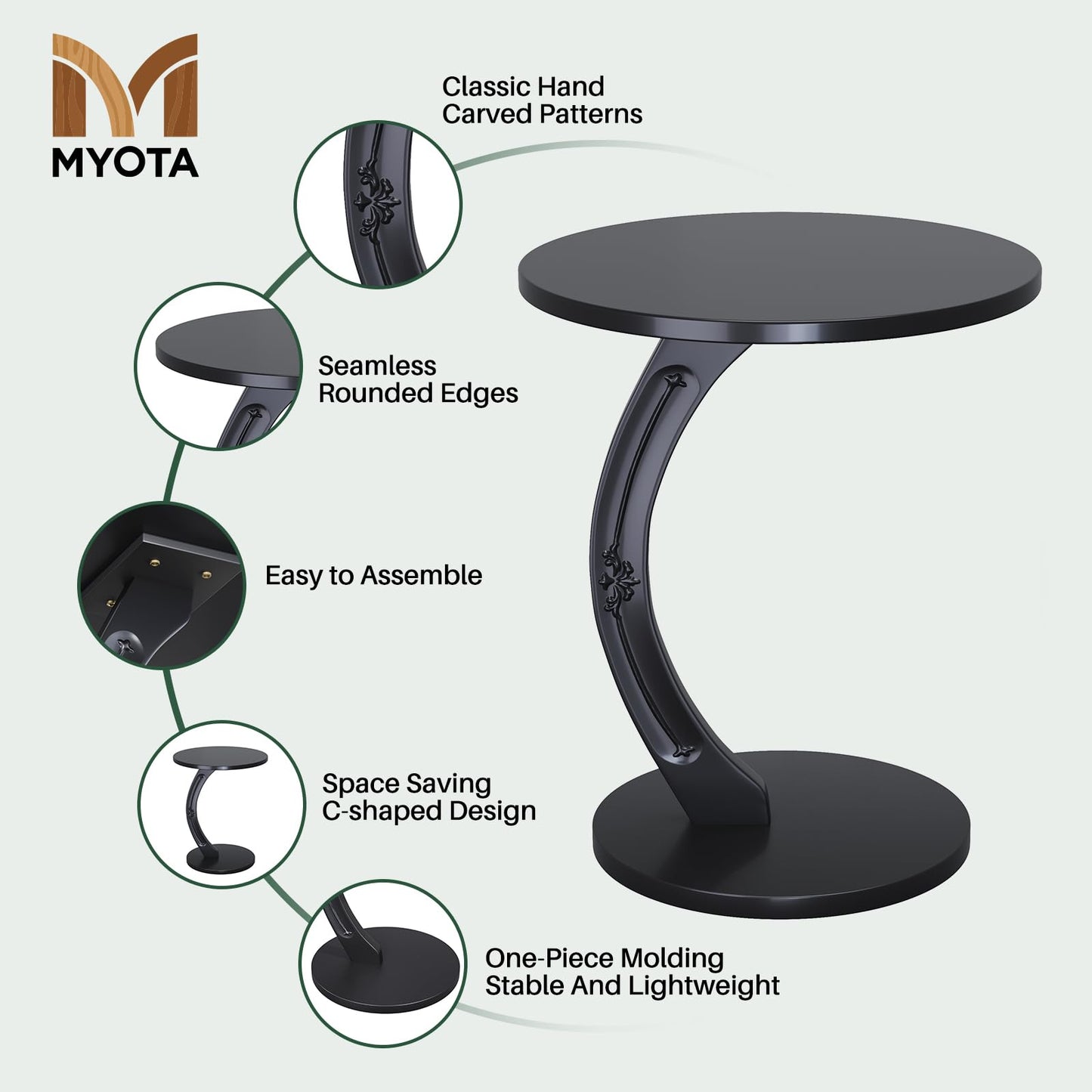 MYOTA C-Shaped End Table for Couch - Round Small C Side Table, Handmade Solid Wood Sofa Couch Tables that Slide Under Bedside, Saving Space Wooden Tray for Living Room, Bedroom, Small Space (Black)