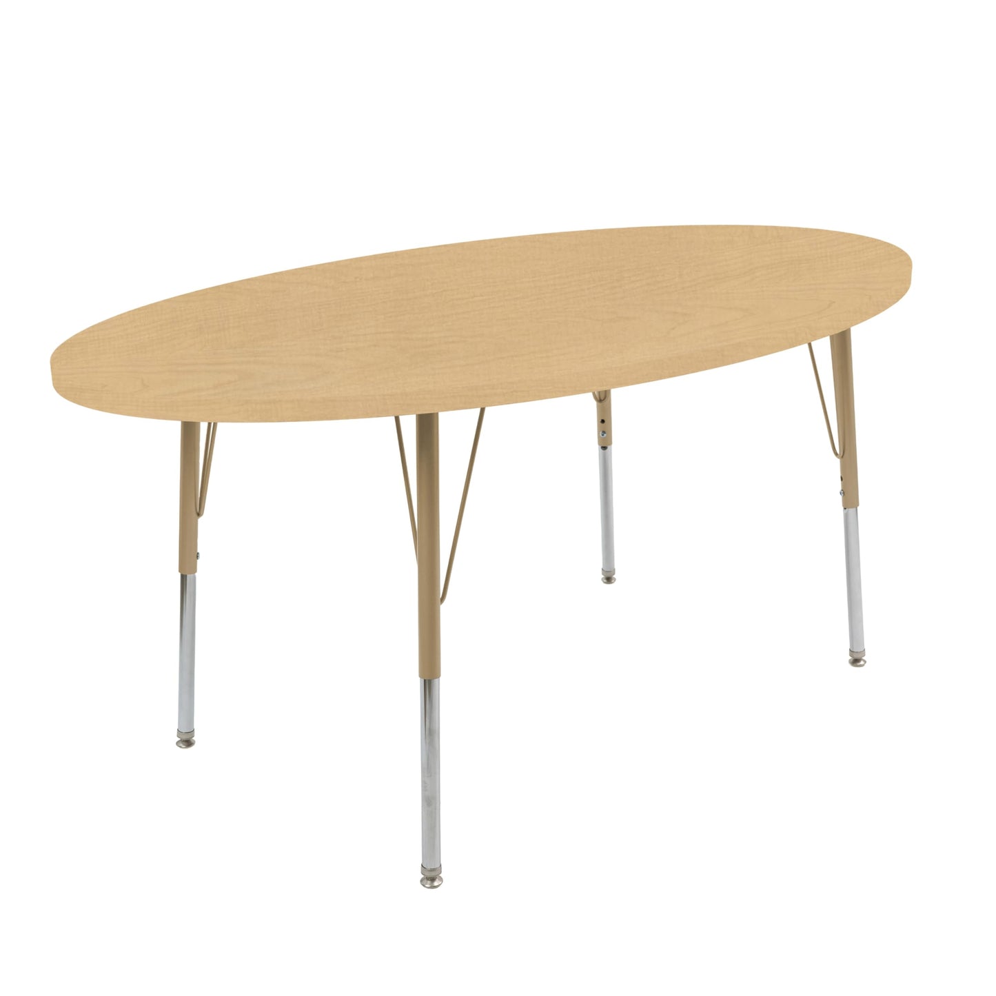 Factory Direct Partners FDP 30" x 60" Oval Thermofused Classroom Activity Table with Standard Swivel Glide, Adjustable Height 19"-30" - Maple Grain/Sand - 15590-386