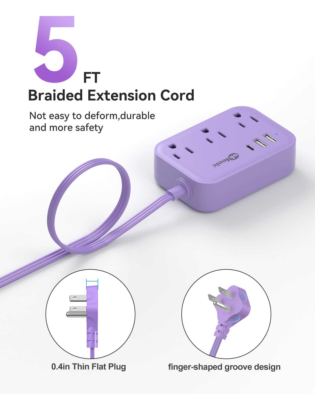 Purple Extension Cord with 3 Outlets & 3 USB(1 USB C), Cute Small Extension Cord 5ft, Travel Power Strip Flat Plug with USB Charging Station, Compact for Cute Purple Kawaii Lavender Desk Accessories