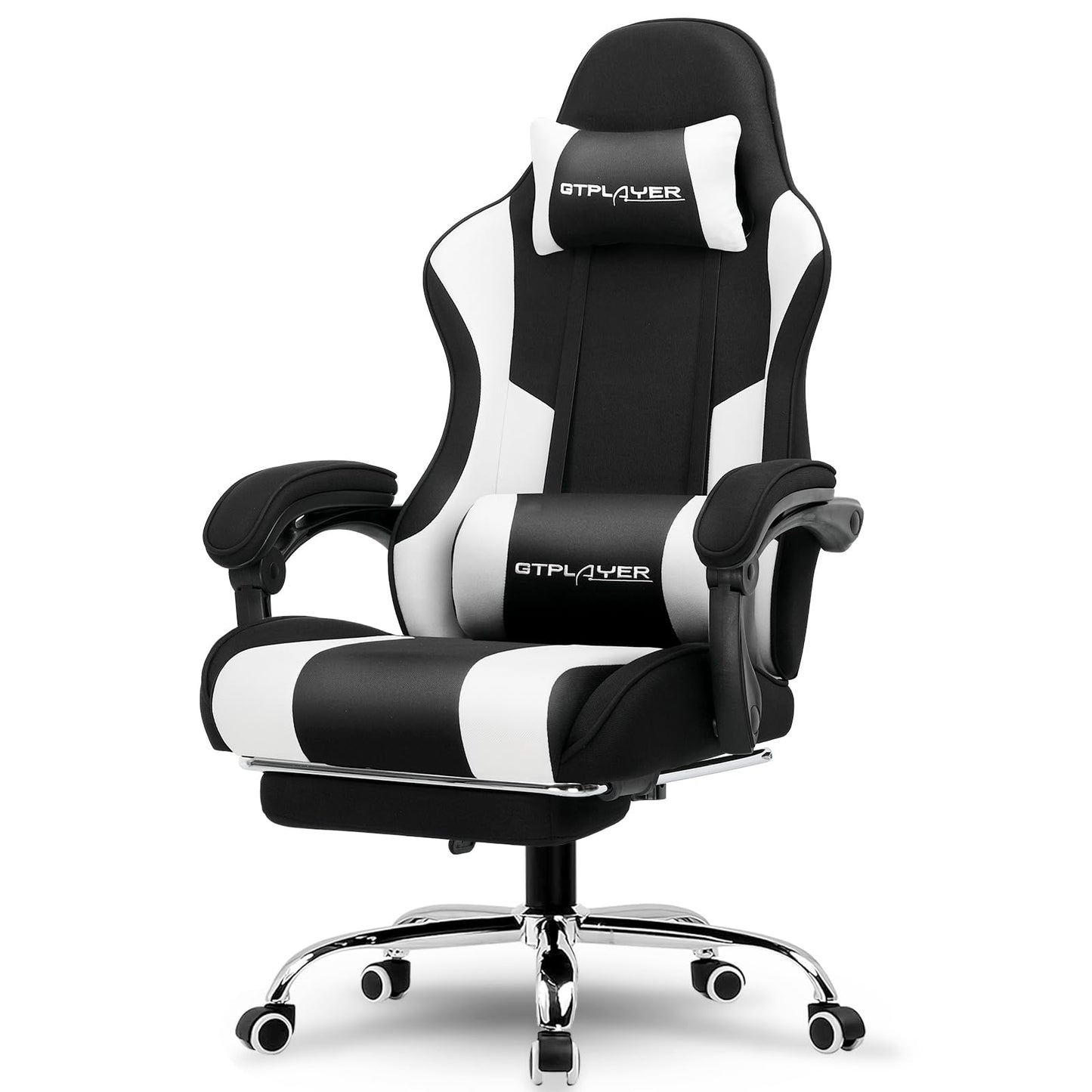 GTPLAYER Gaming Chair, Computer Chair with Footrest and Lumbar Support, Height Adjustable Game Chair with 360°-Swivel Seat and Headrest and for Office or Gaming (Fabric, Black White)