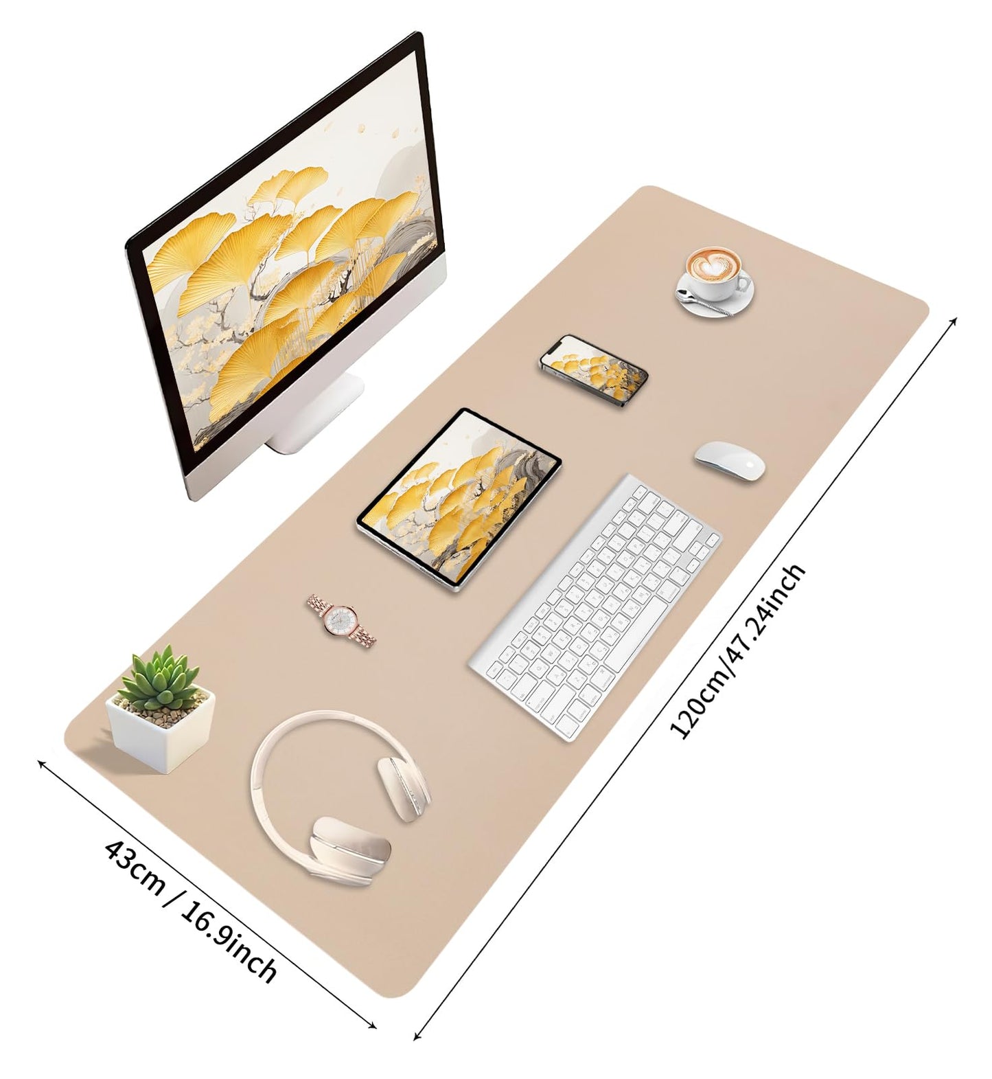 Bloss Extra Large Leather Desk Ma, 47.2" x 16.9" Non-Slip Dressing Table Cover Protector, Waterproof Student Study Desk Mat, Home Office Decor - Beige