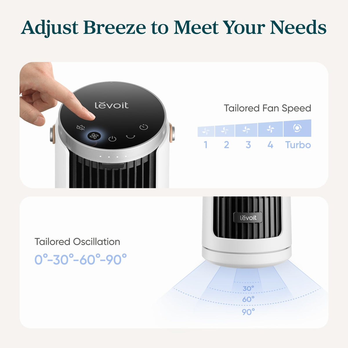 LEVOIT Tower Fan for Bedroom, 20dB Quiet Desk Fan with 23ft/s, Portable & Easy to Carry, 3-Angle & 4-Speed Mini Oscillating Fan, DC Motor, Bladeless, Remoter, 12H Timer, for Home, Room, Office, White