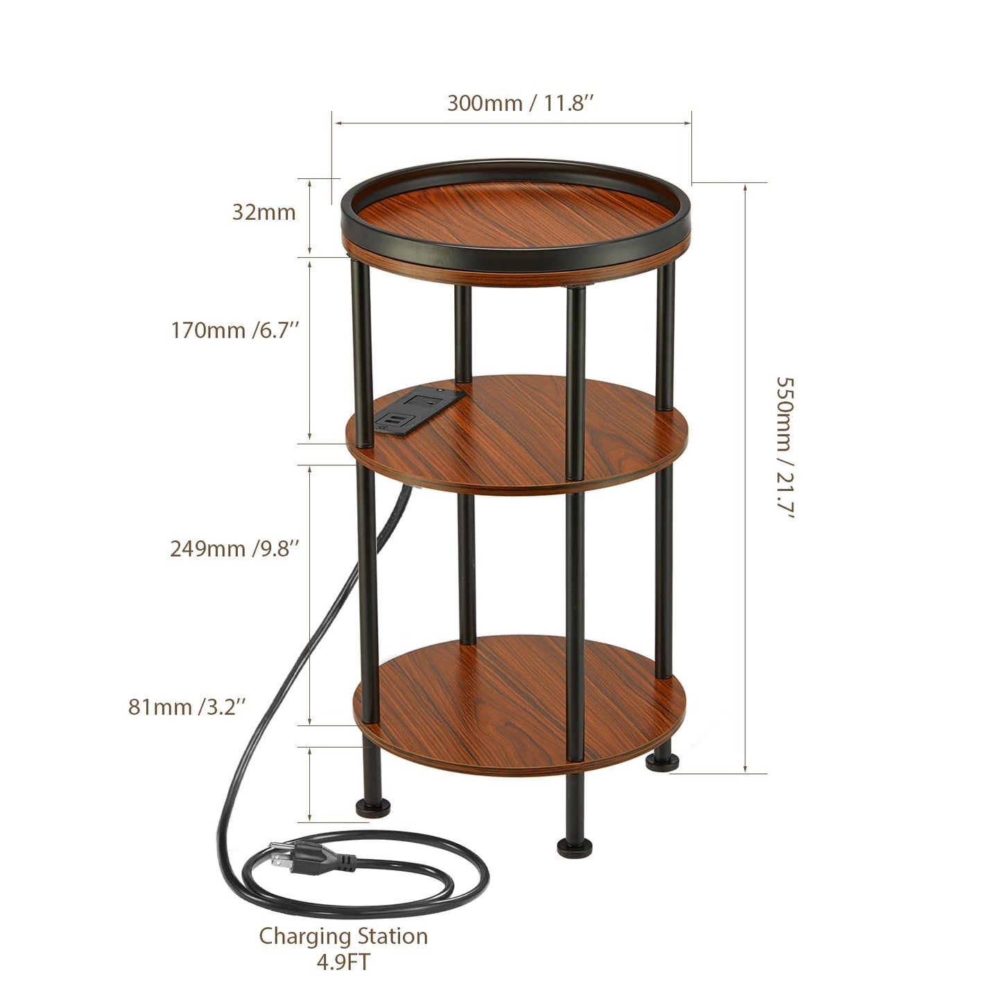 Small Round Side Table with Charging Station for Small Spaces, 3-Tier Accent Table with USB Ports & Power Outlets, Sofa Corner Tea Table for Living Room Nightstand Bedroom Apartment (USB, Cherry)