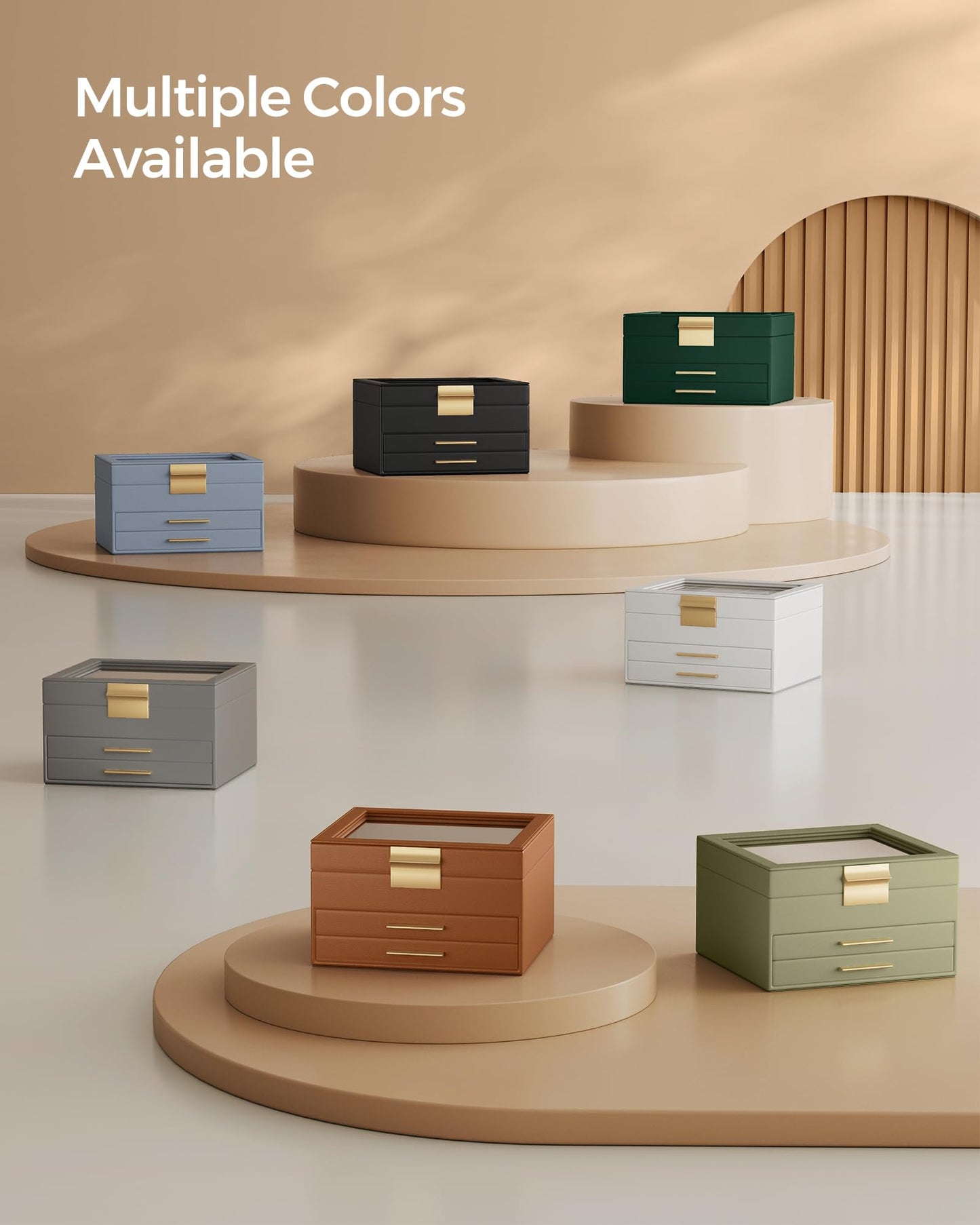 SONGMICS GISELLA Collection - Jewelry Box Organizer, 3-Layer Jewelry Storage with 2 Drawers, Shiny Metal Hardware, Glass Lid, Modern, 8 x 9.1 x 5.3 Inches, Avocado Green and Gold Color UJBC239C02