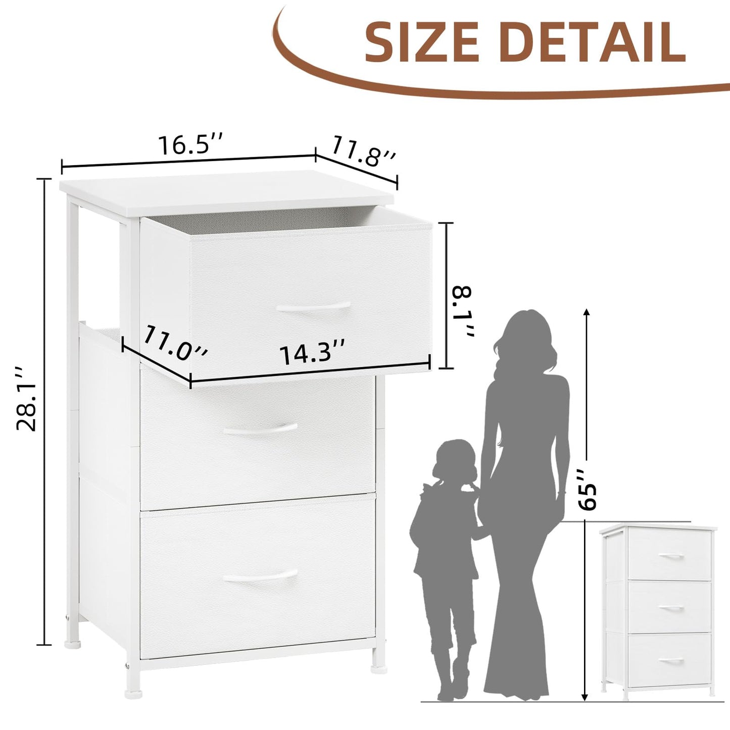 Somdot Dresser for Bedroom with 3 Drawers, Storage Organizer Chest of Drawers with Removable Fabric Bins for Closet Bedside Living Room Laundry Entryway Hallway, White Leather