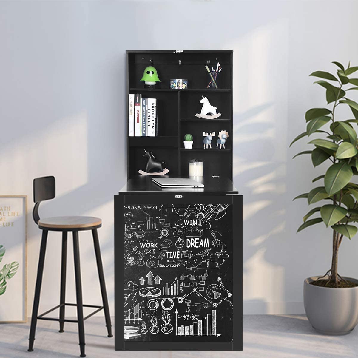 GRAFFY Modern Black Wall-Mounted Folding Desk, 24" x 34" x 57.5" (L x W x H), Multi-Function Table with Storage Shelves & Hooks, Computer Desk Laptop Workstation Home Office
