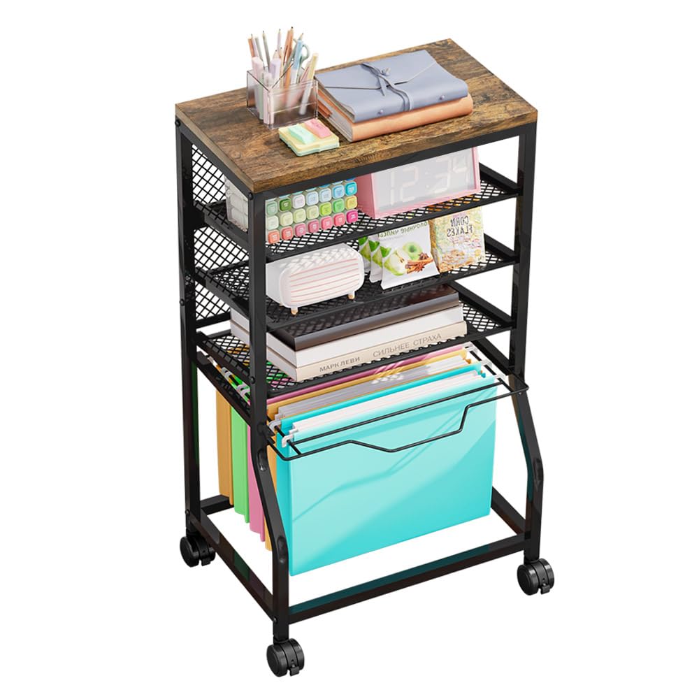 INGIORDAR 5-Tier Rolling File Cart, Under Desk Storage Organizer with Lockable Wheels & Mesh Sliding Trays, Multi-Functional Mobile Utility Cart for Office, Home, School, Black