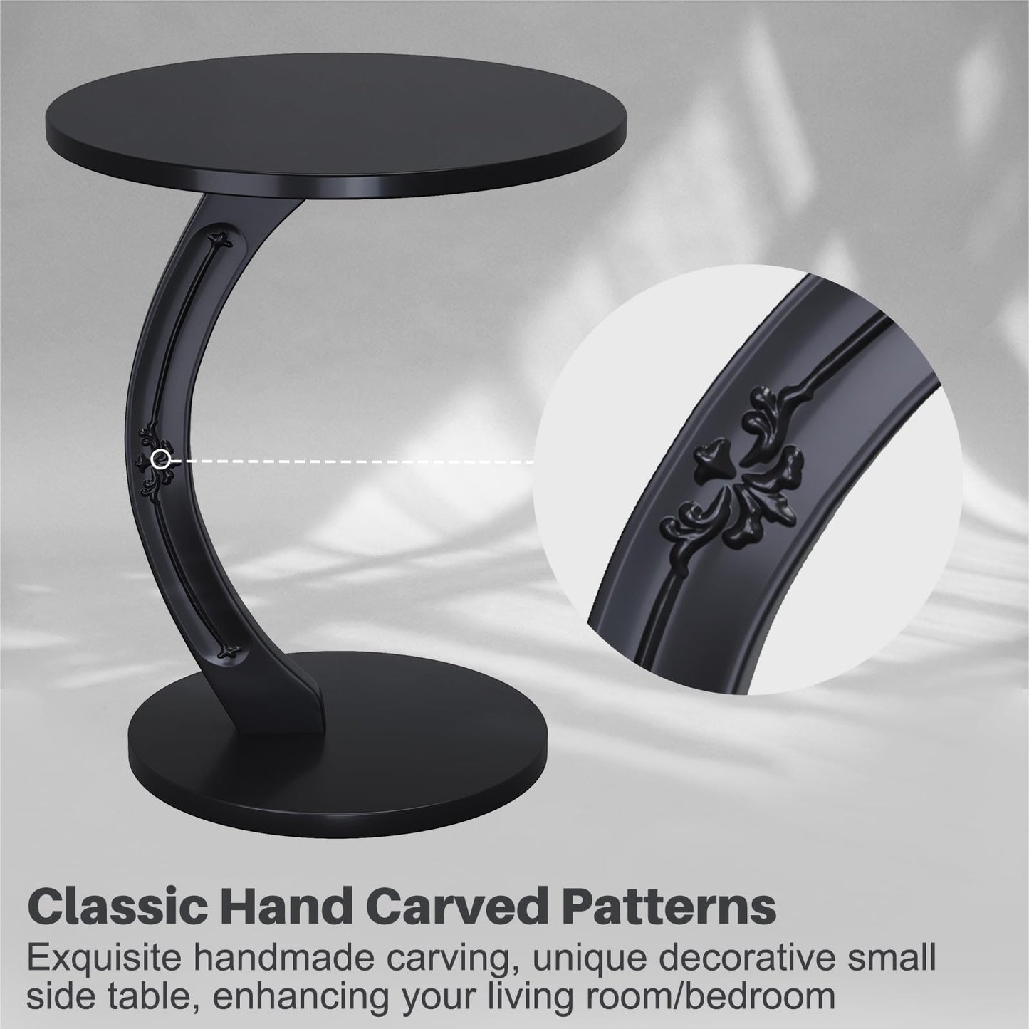 PlushVibes Round C-Shaped End Table - Small C Shaped Side Table for Couch/Sofa, Solid Wood Couch Tables that Slide Under Beside, Space Saving Tables Tray for Living Room, Bedroom, Small Space (Black)
