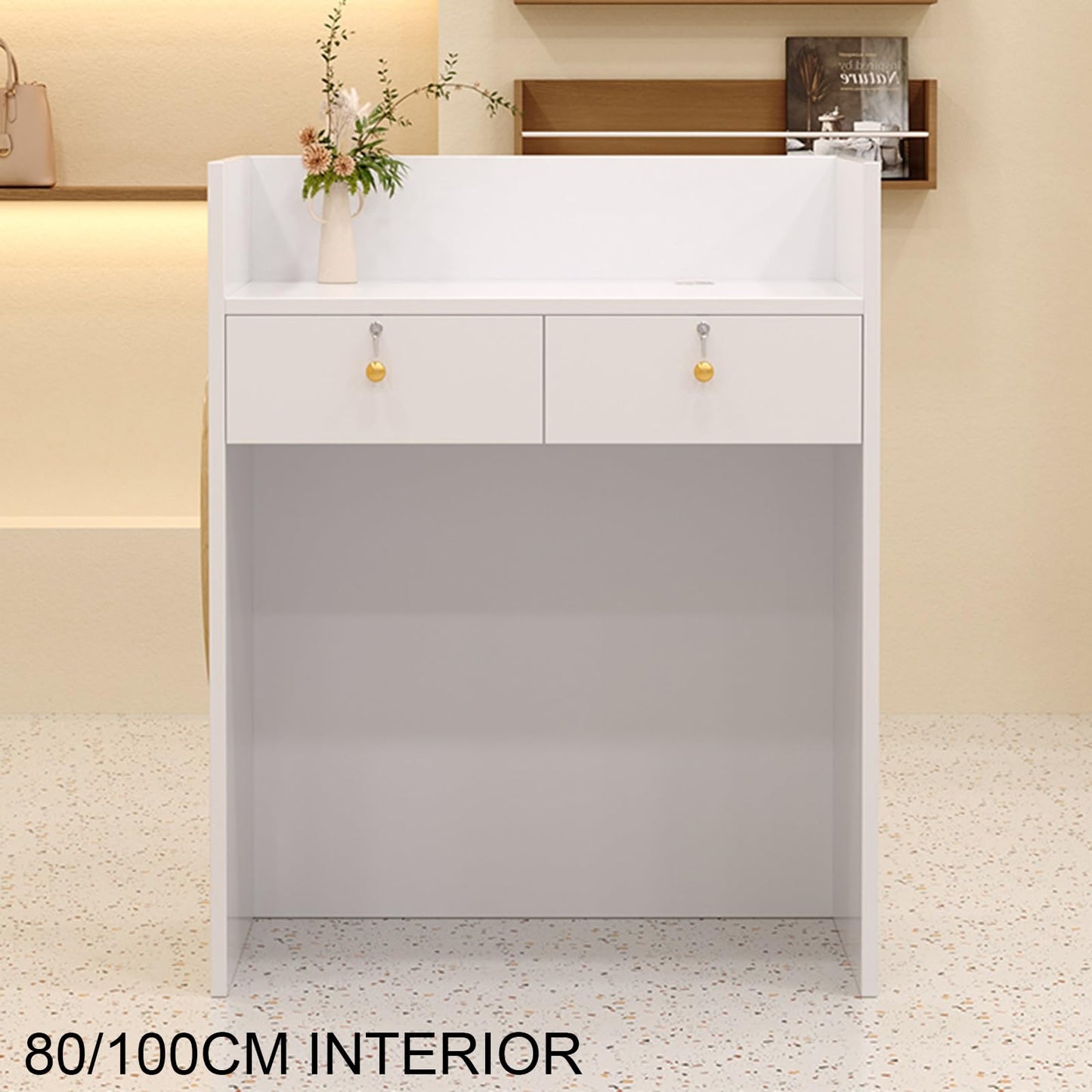 Modern Reception Desk with Counter Small Front Desk with Lockable Drawer Retail Checkout Counter for Clothing Store Lobby Beauty Salon(White+Dark Gray,80x90x45cm)