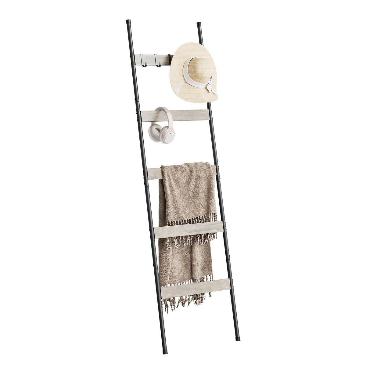 ELYKEN Blanket Ladder for Living Room, Farmhouse 5-Tier Quilt Holder with 4 Removable Hooks for Bathroom, Wood Towel Rack Display, Wall Anchor Leaning Decorative Stand for Home, White Oak