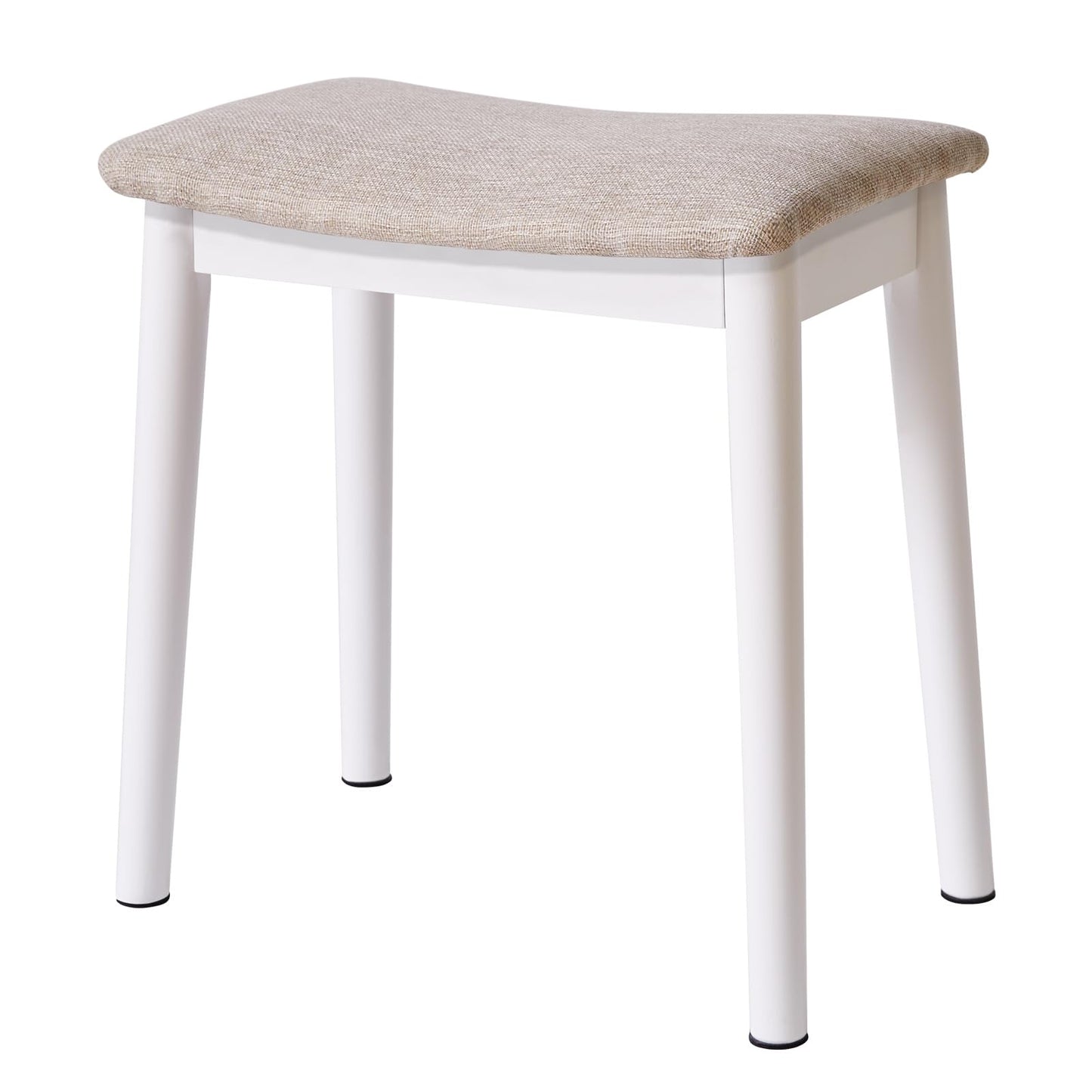 IBUYKE Saddle Cushion Vanity Stool Chair, Foot Rest Stool with Solid Wood Legs, Modern Vanity Bench Ottoman for Piano, Upholstered Seat for Bedroom, Entryway, White Legs&Light Linen WBD007WY