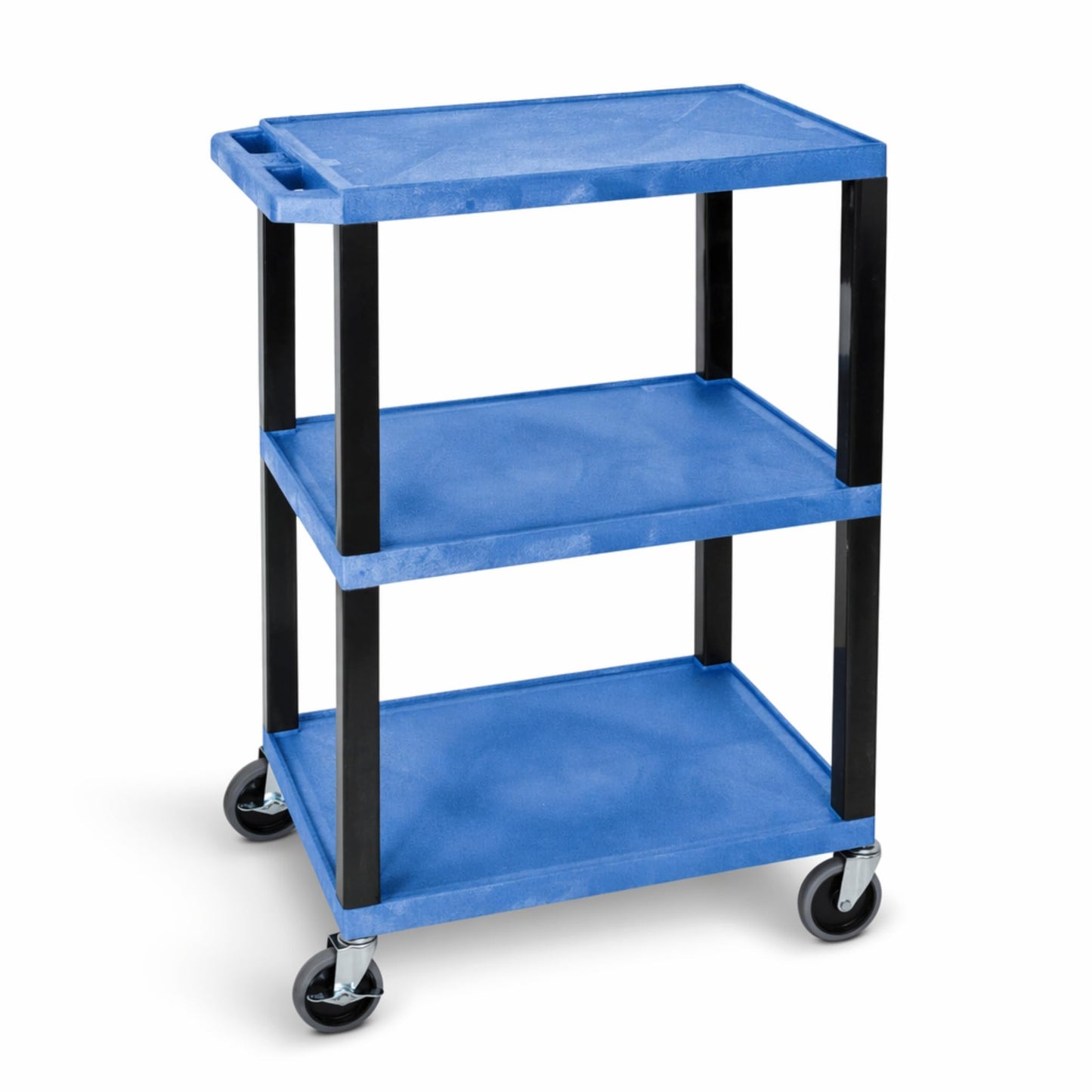 Classroom Basics WT34BUS Utility Cart, 3-Shelf Multipurpose Service Cart, 24" W x 18" D x 34" H, 300 lb Capacity, Molded Plastic with Ergonomic Handle, Flat Shelves, Blue Shelf and Black Leg