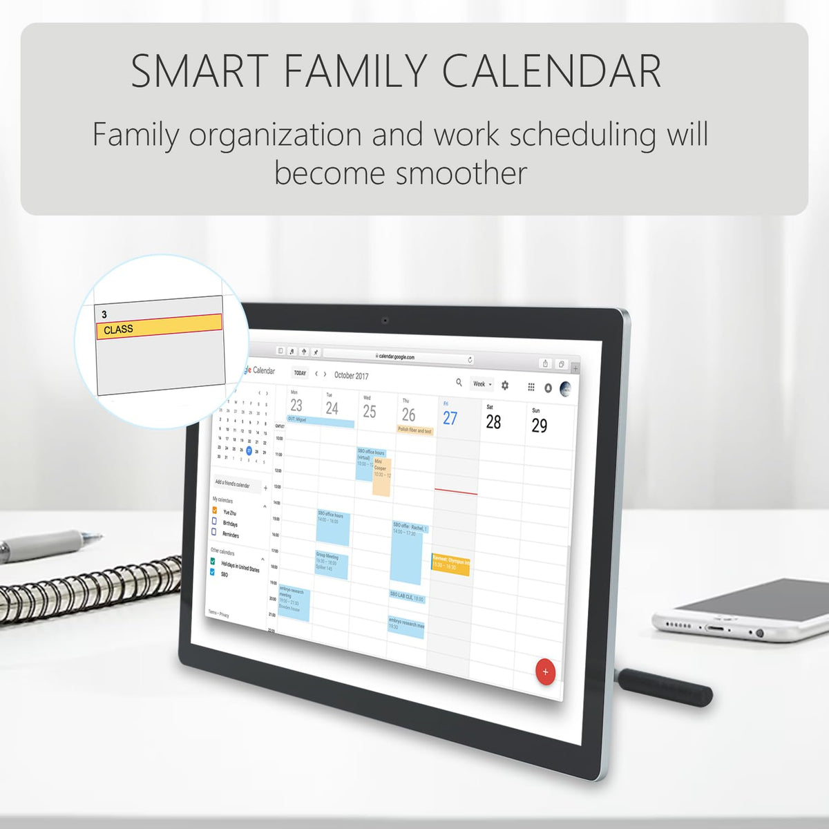 TouchWo 15.6 to 27 inch Touchscreen Digital Calendar & Wall Planners, Smart Whiteboard Calendar for Chore Chart & Work Schedule, Built in Speakers and Camera, Include Wall Mount & Desk Stand (23.8-inch)