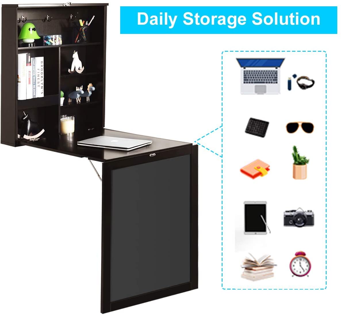 GRAFFY Wall Mounted Folding Desk, Floating Desk with Chalkboard, Multi-Function Wall Mounted Table with Storage Shelves & Hooks, Computer Desk Laptop Workstation Home Office (Brown)