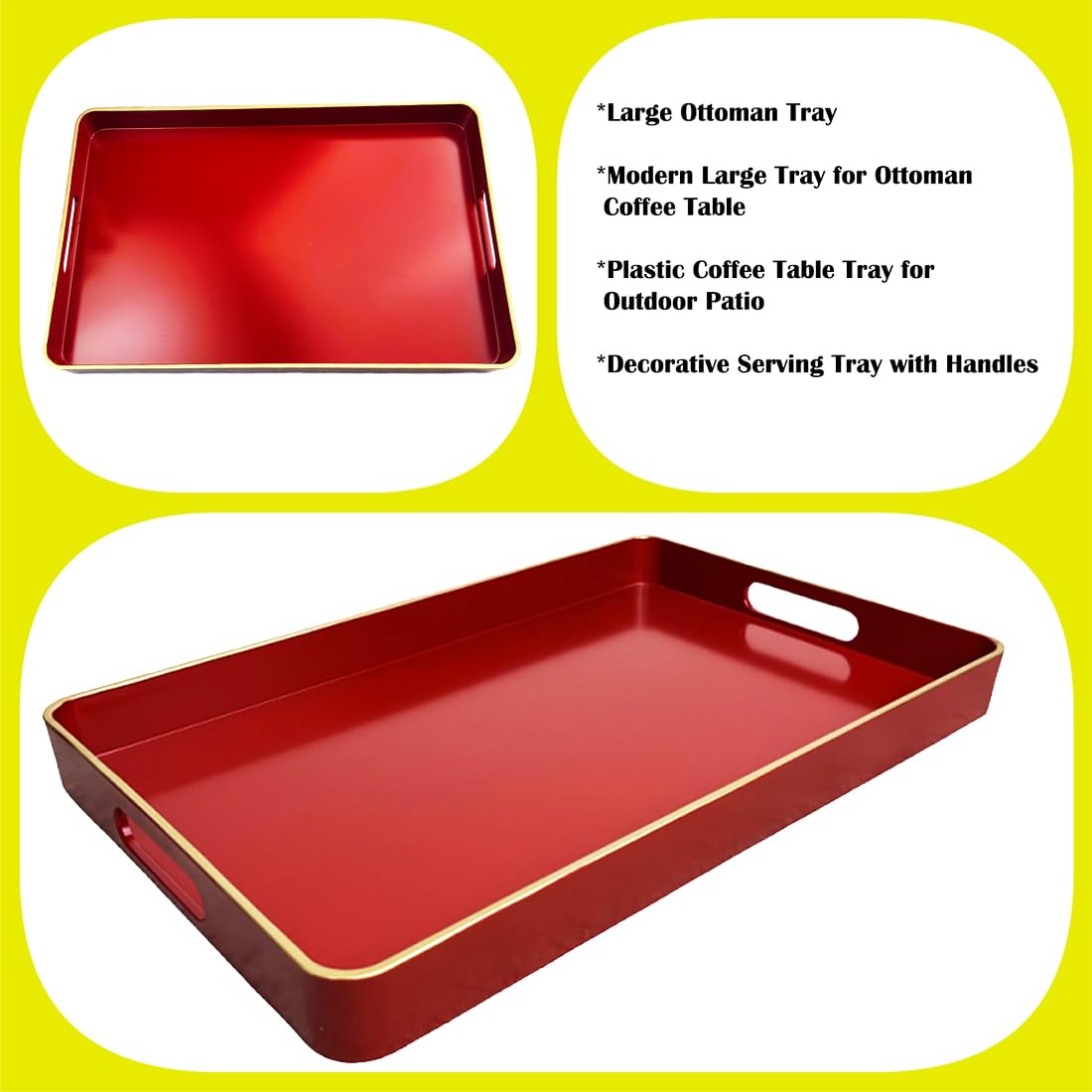 UOEKCS Large Red Tray, Elegant Plastic Coffee Table Tray for Ottoman, Home Decor, Living Room.16.7"*12"*1.6"