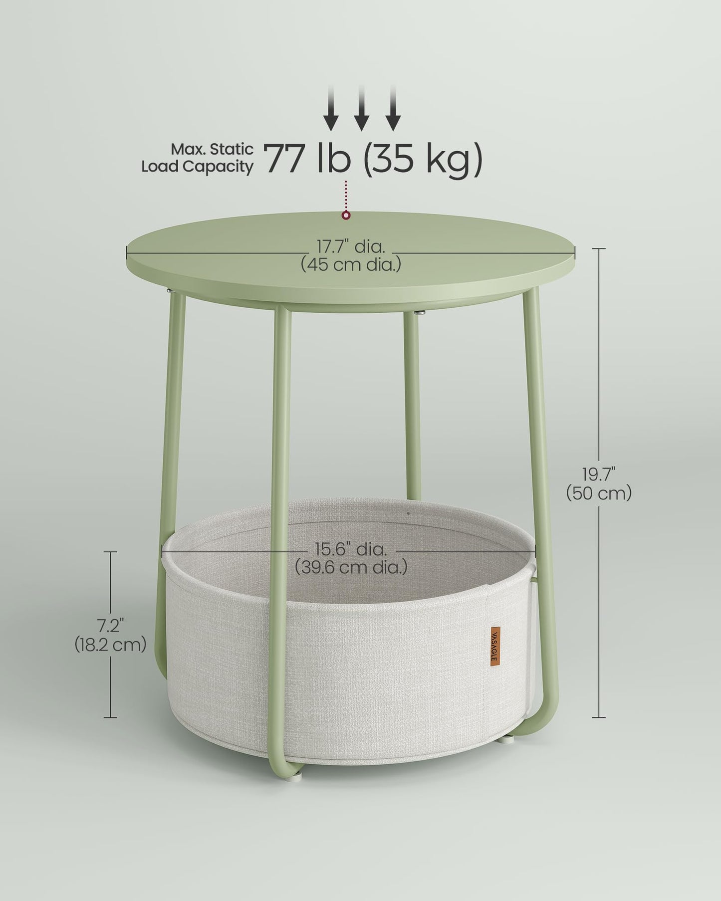 VASAGLE LILEA Collection - Small Round Side End Table, Modern Nightstand with Fabric Basket, Laurel Green and Cream White ULET223C69